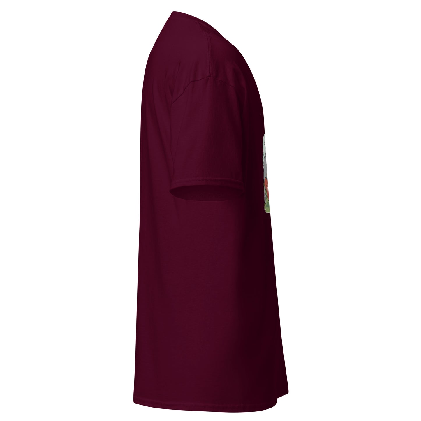 Left side view of maroon classic tee showing partial falling elephant design