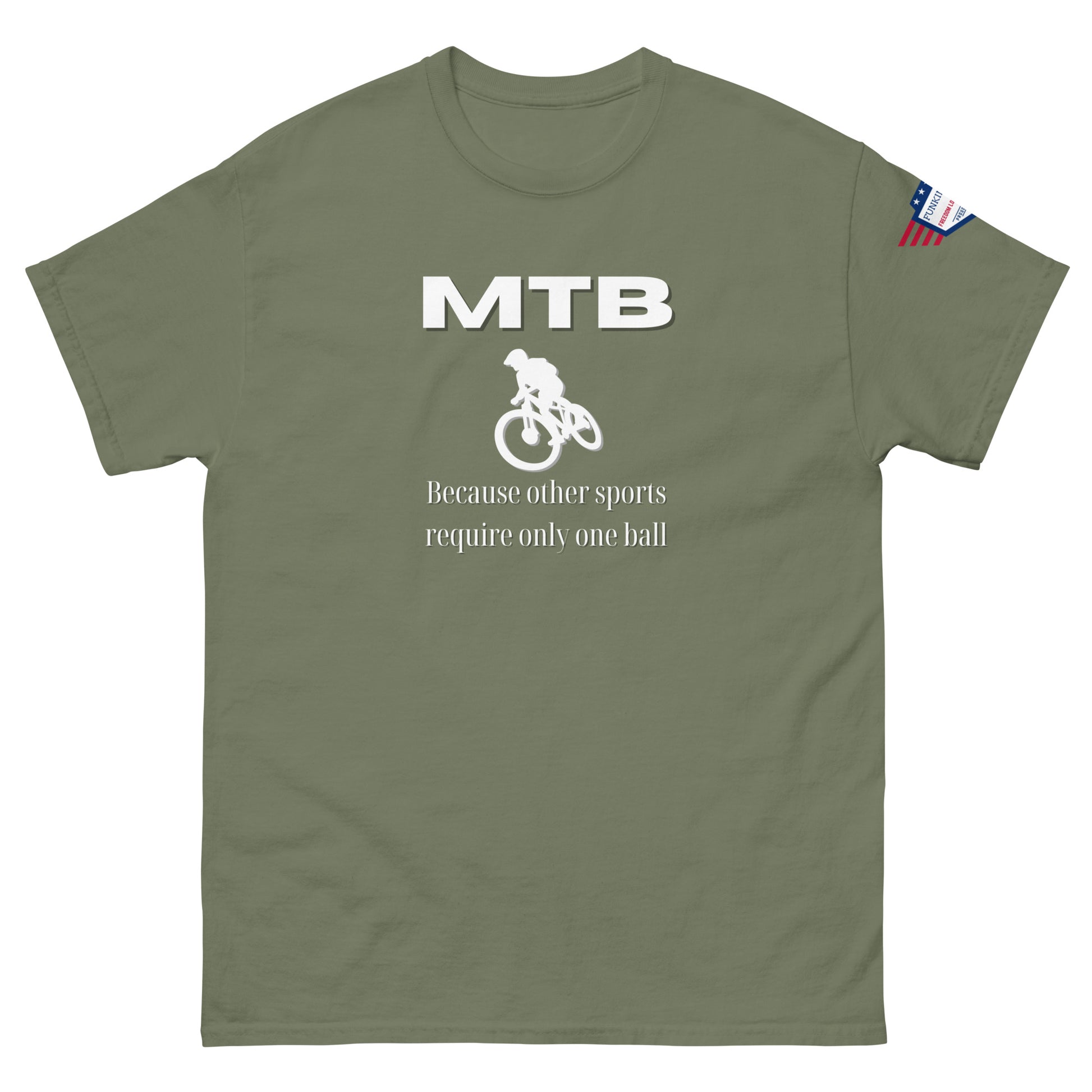 Front view of olive green unisex tee with white "MTB" text, cyclist graphic, "Because other sports require only one ball", flag patch