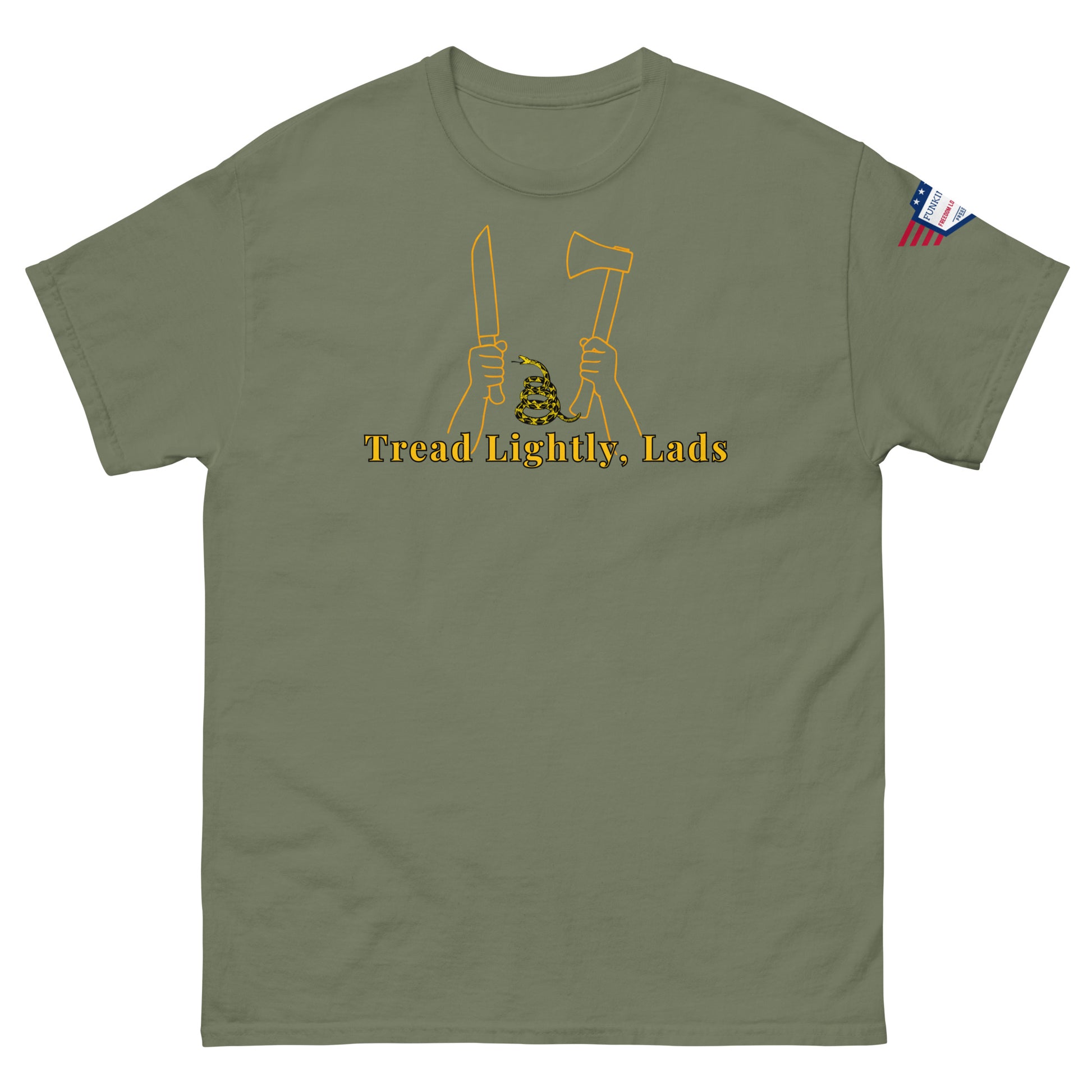 Front view of olive green unisex tee showing "Tread Lightly, Lads" yellow print with armed hands & Gadsden snake, flag sleeve label