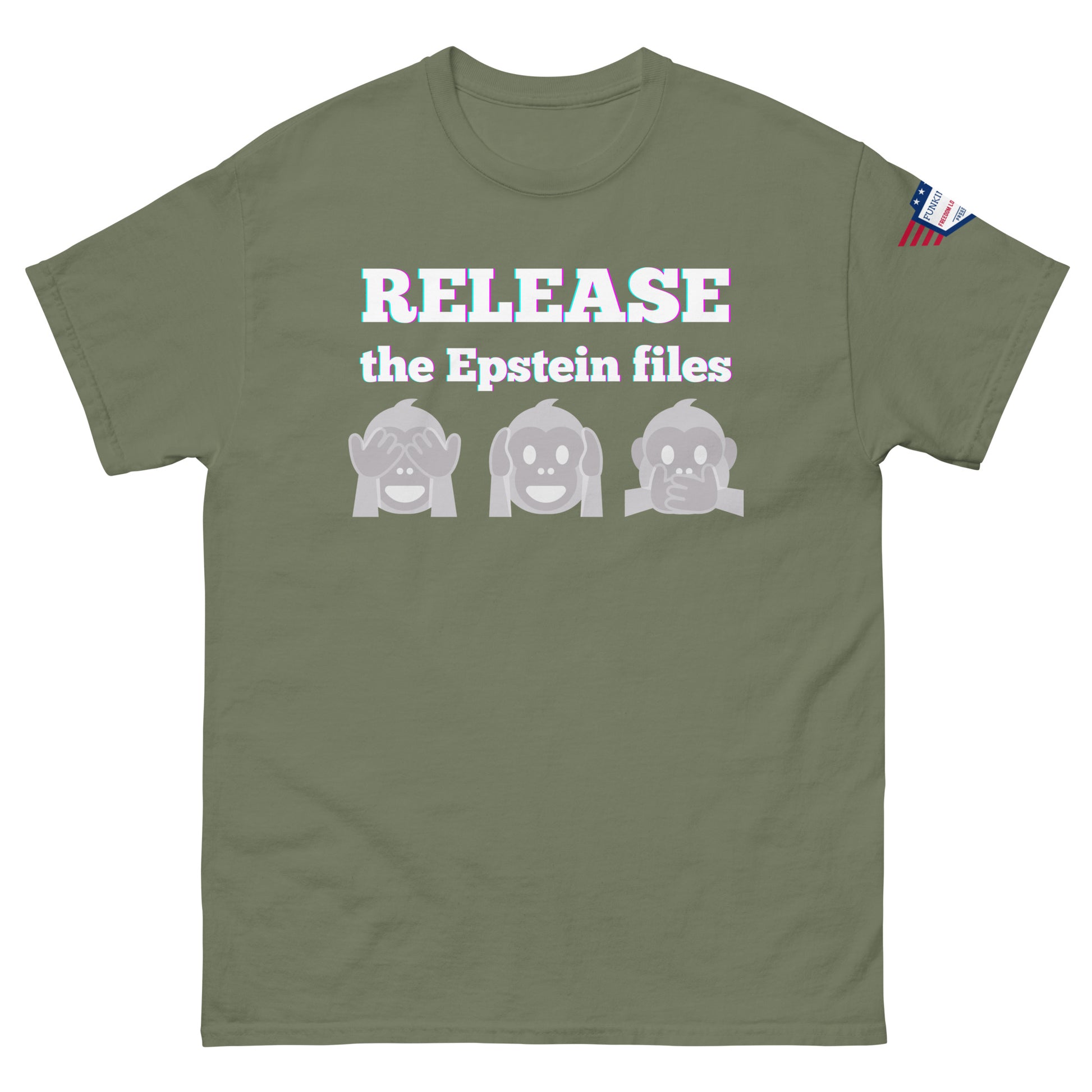 Front view of olive green t-shirt with "RELEASEASE the Epstein files" gradient text and gray see-no-evil monkeys, US flag sleeve patch
