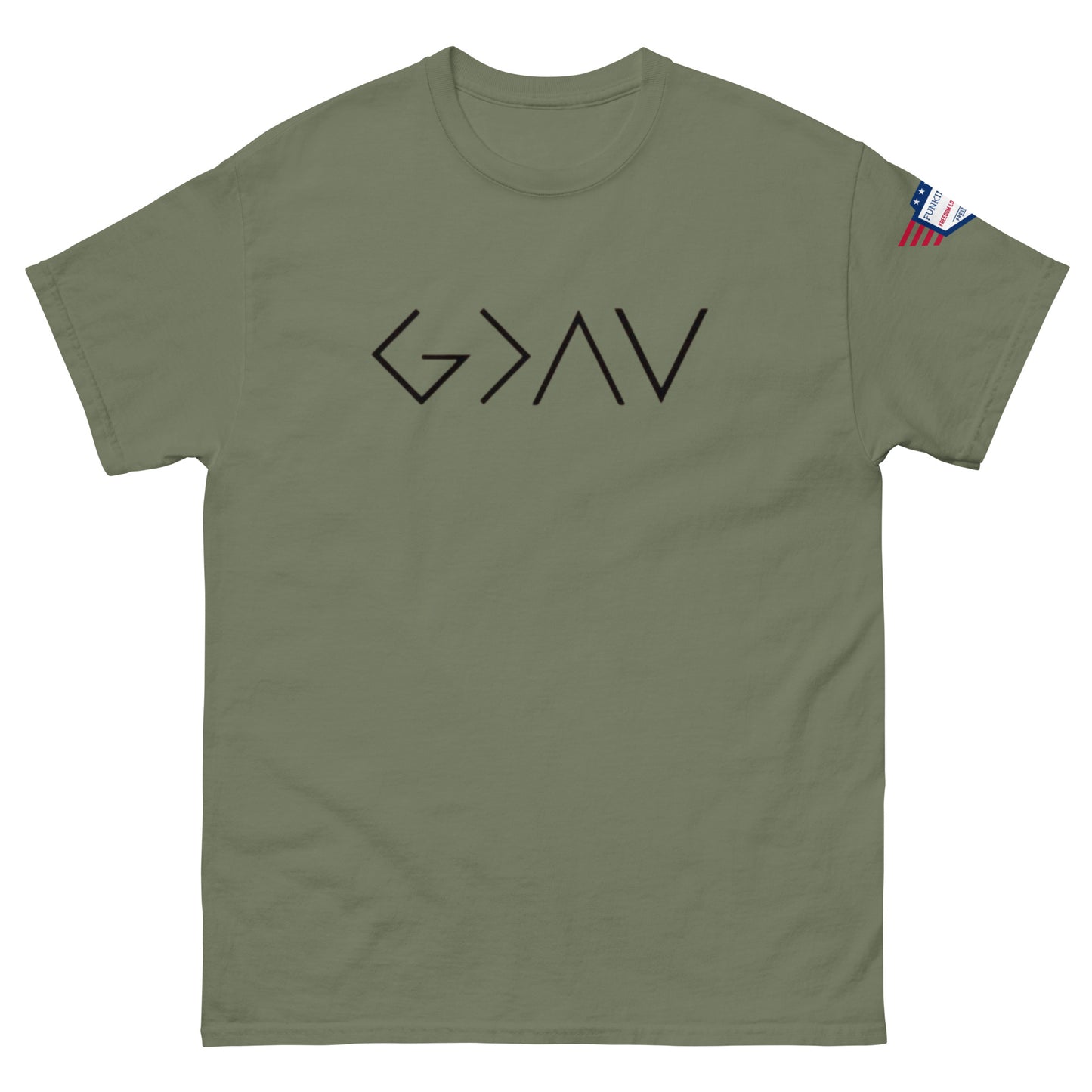 Front view of olive green unisex tee with bold black "G > AV" print and small US flag sleeve patch