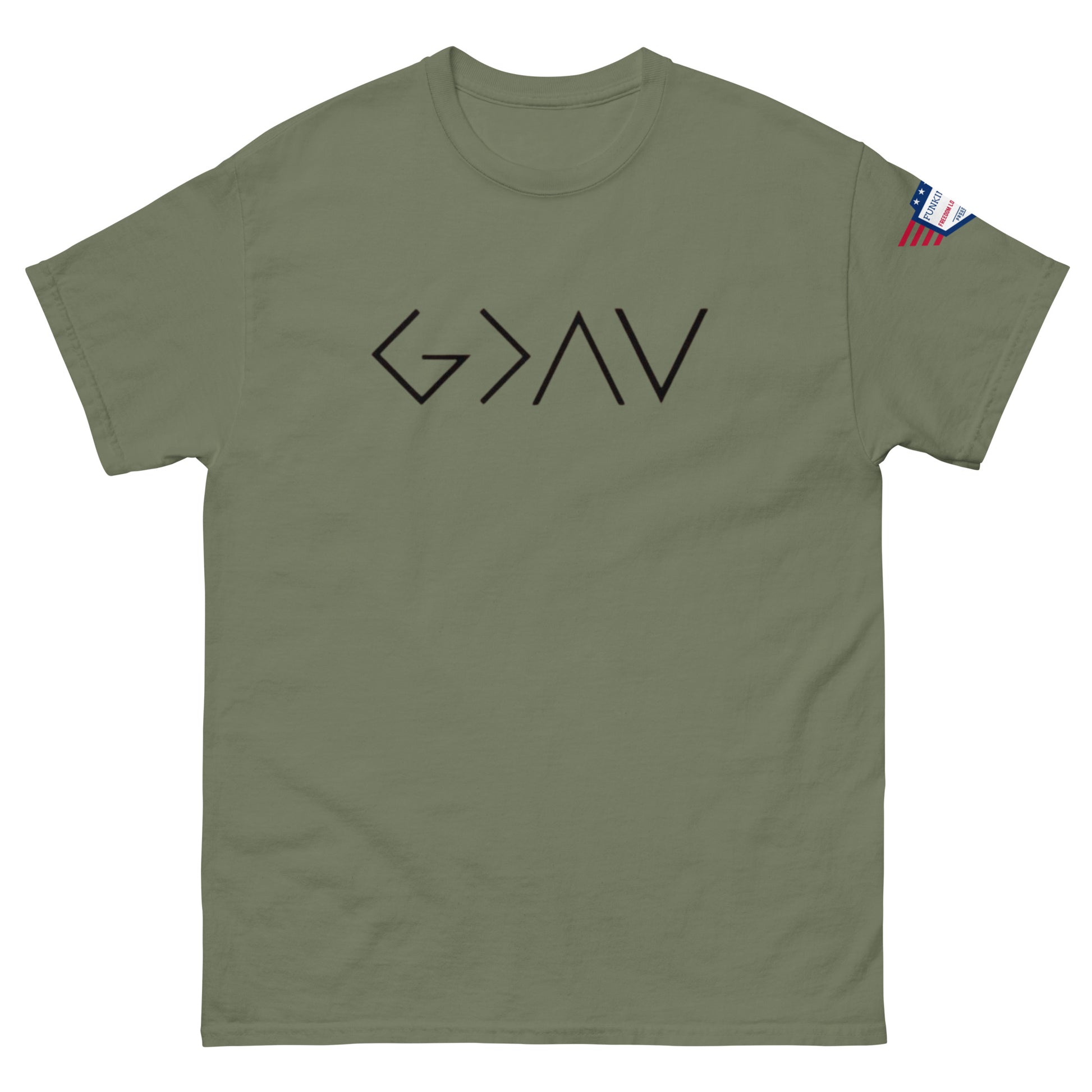 Front view of olive green unisex tee with bold black "G > AV" print and small US flag sleeve patch