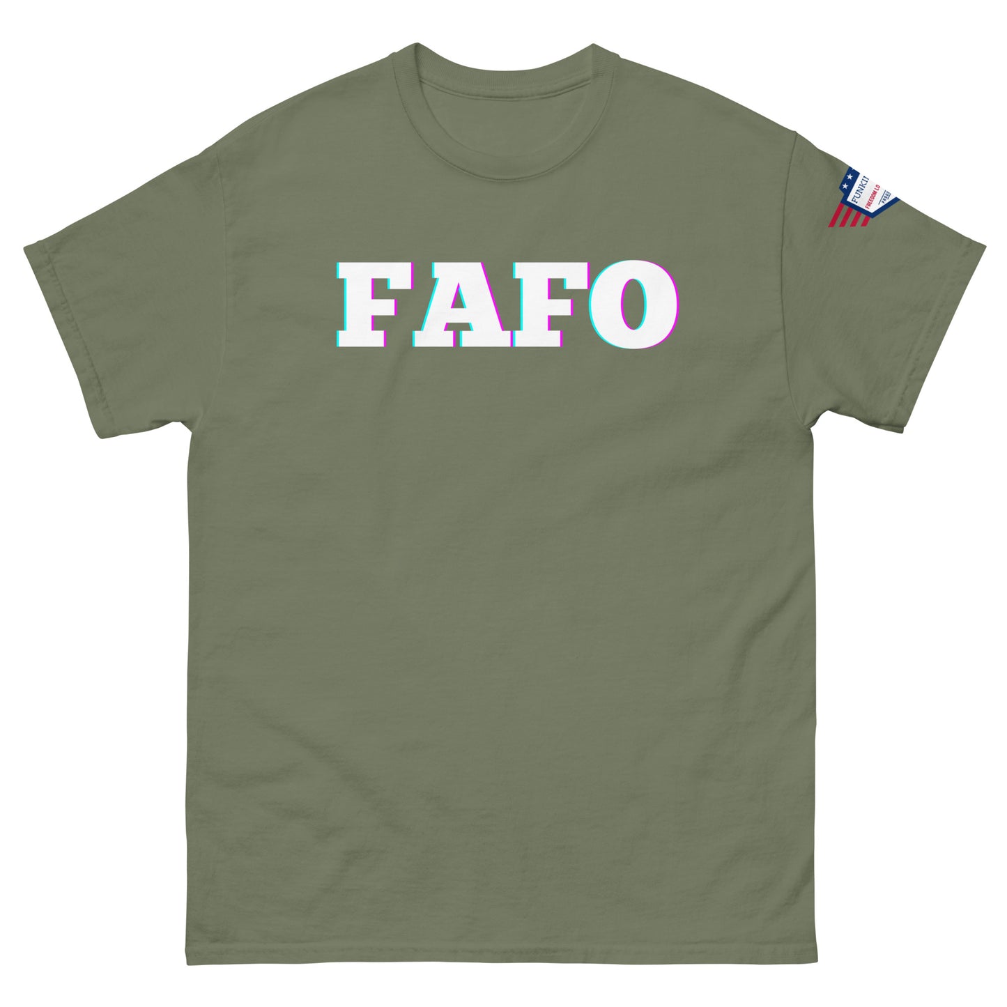 Front view of olive green t-shirt featuring white glitchy "FAFO" text and US flag on sleeve