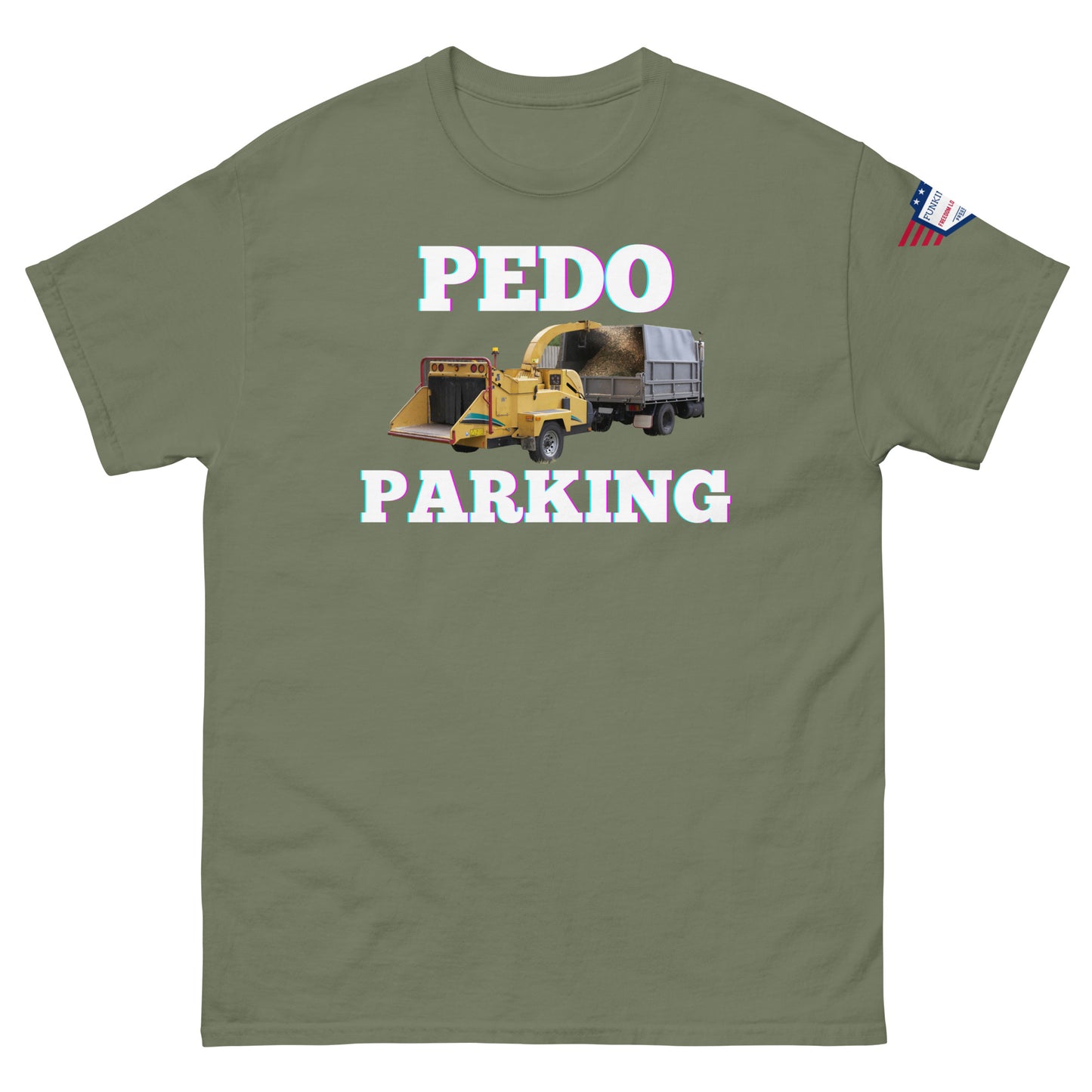 Front view of olive green unisex tee with "PEDOO PARKING" pink-glow letters, yellow front loader truck graphic, USA flag patch