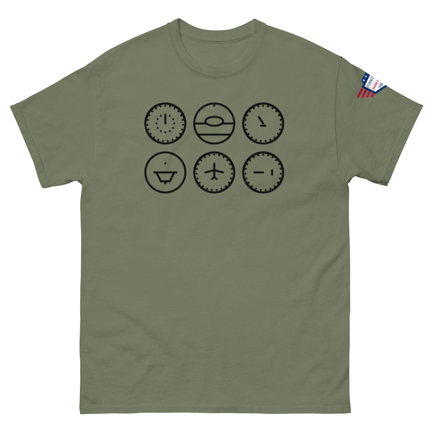 Front view of olive green classic tee displaying six black line-art clocks with moods and symbols