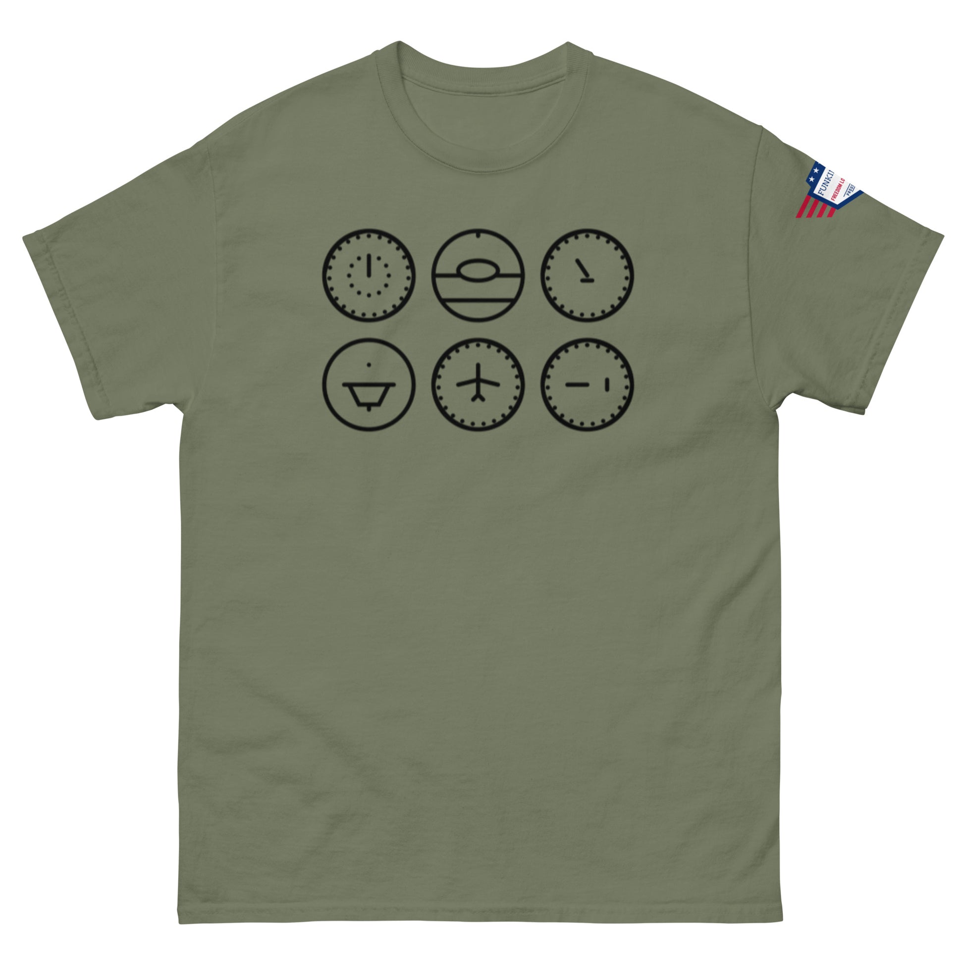 Front view of olive green classic tee displaying six black line-art clocks with moods and symbols