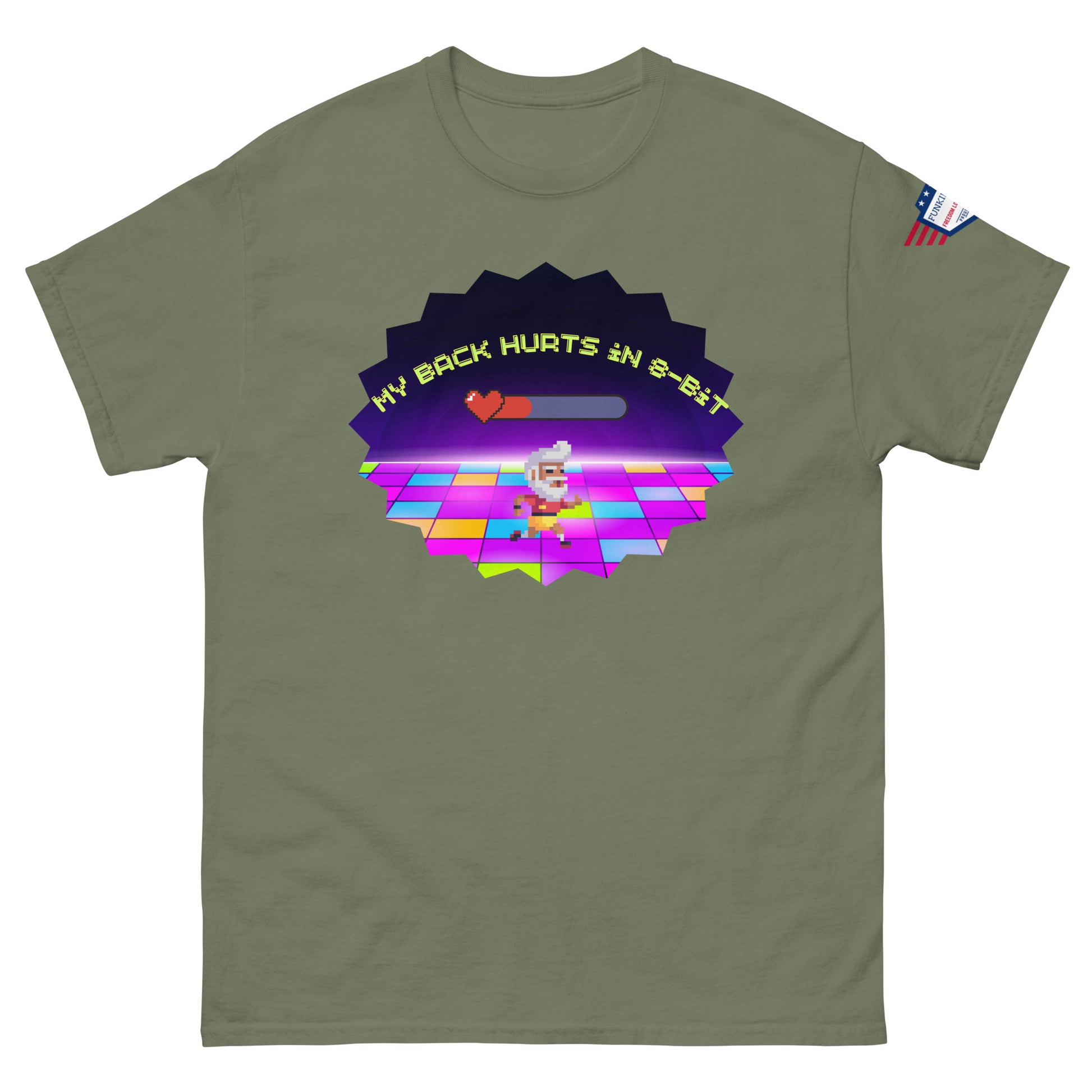 Front view of olive green tee with "My back hurts so bad" meme print: retro chef grooving on disco grid in pink-purple starburst, USA flag sleeve