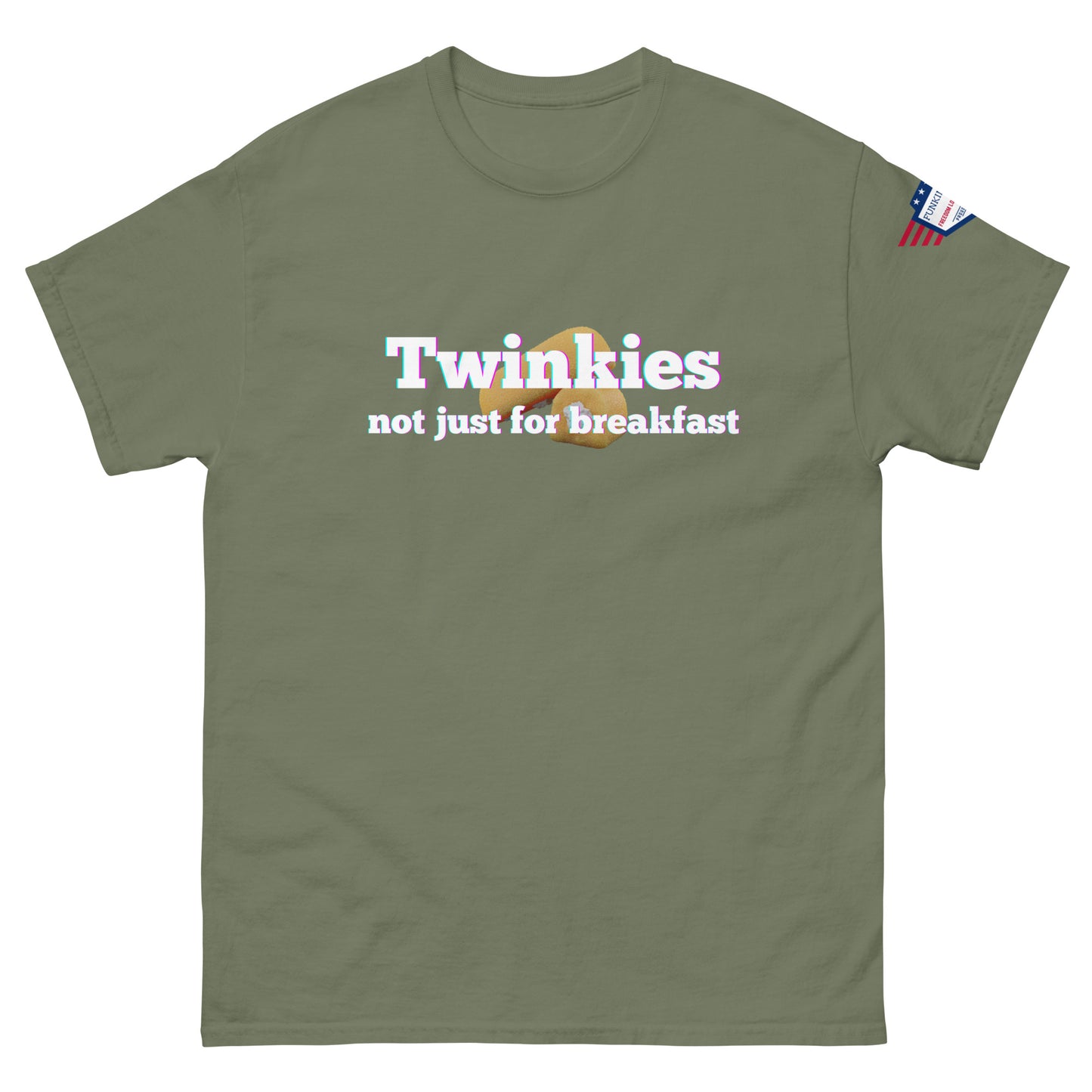 Front view of olive green tee with "Twinkies not just for breakfast" print, Twinkie detail, and flag sleeve label