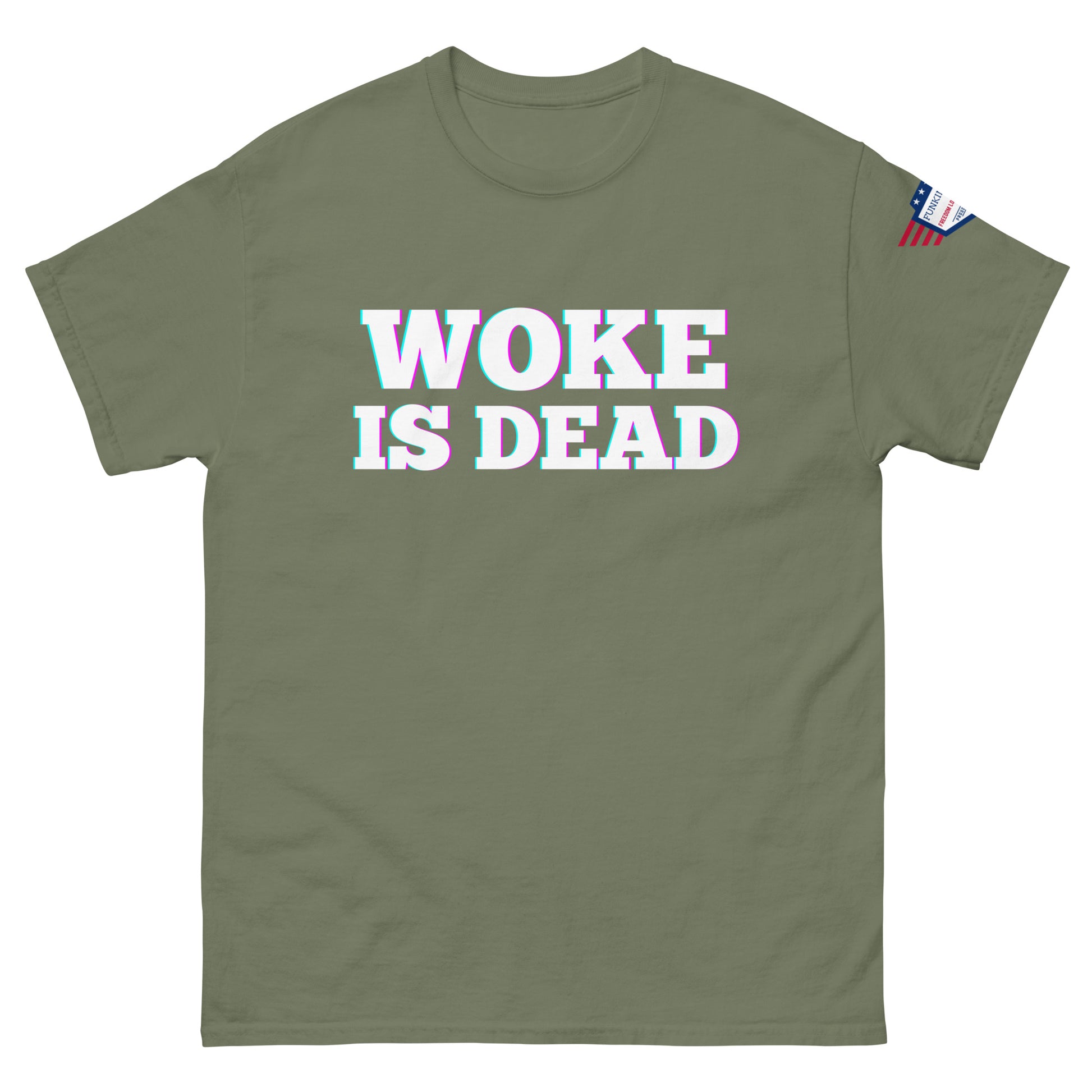 Front view of olive green tee with "WOKE IS DEAD" glitch print and US flag on sleeve