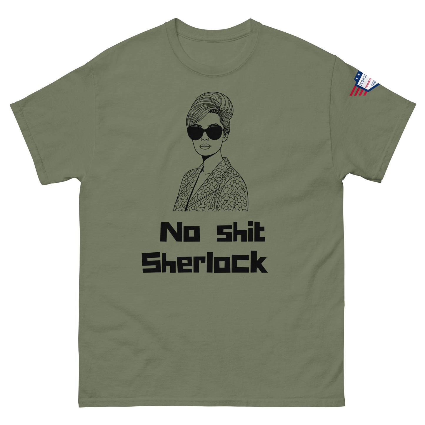 Front view of olive green unisex t-shirt showing black "No shit Sherlock" design and patterned suit diva