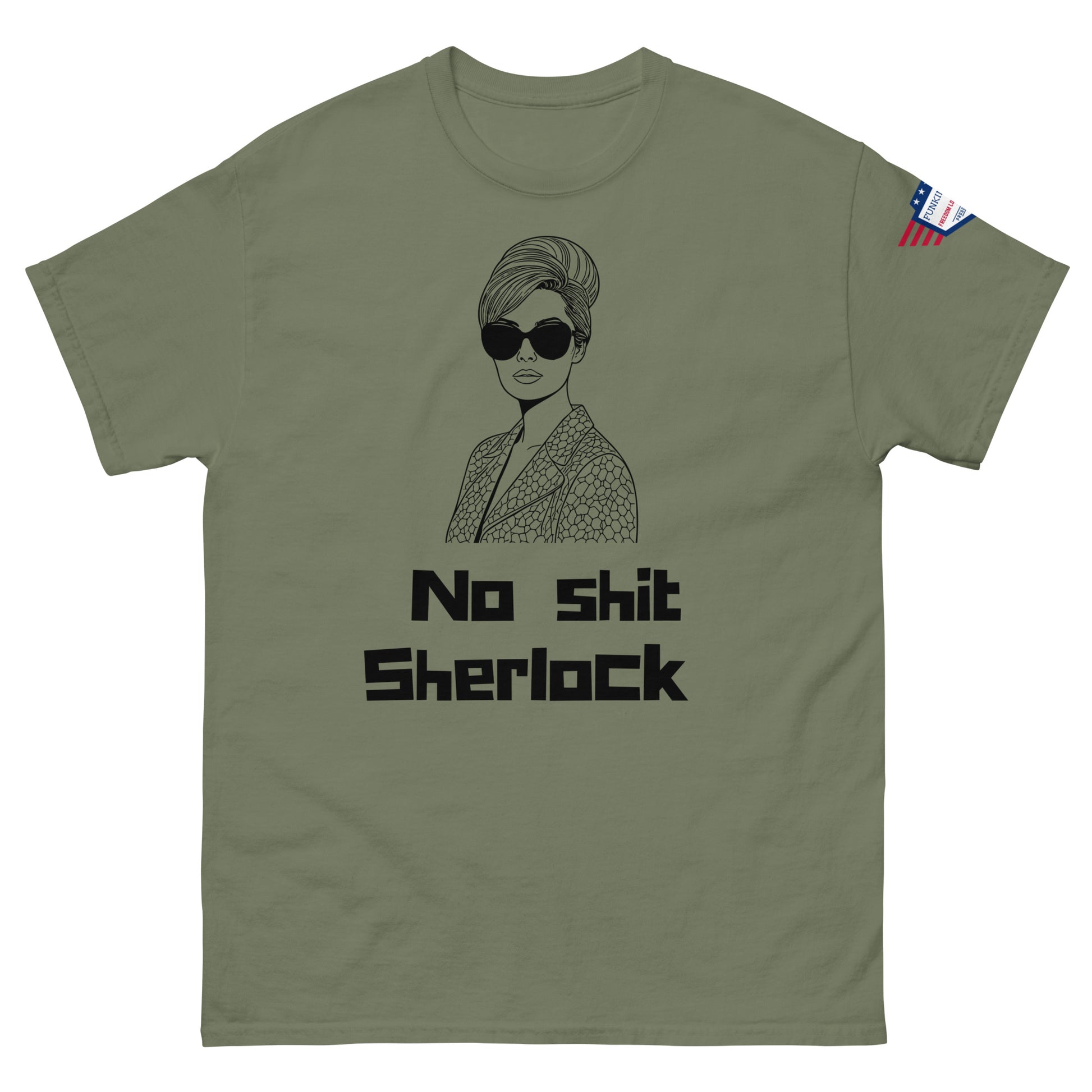 Front view of olive green unisex t-shirt showing black "No shit Sherlock" design and patterned suit diva