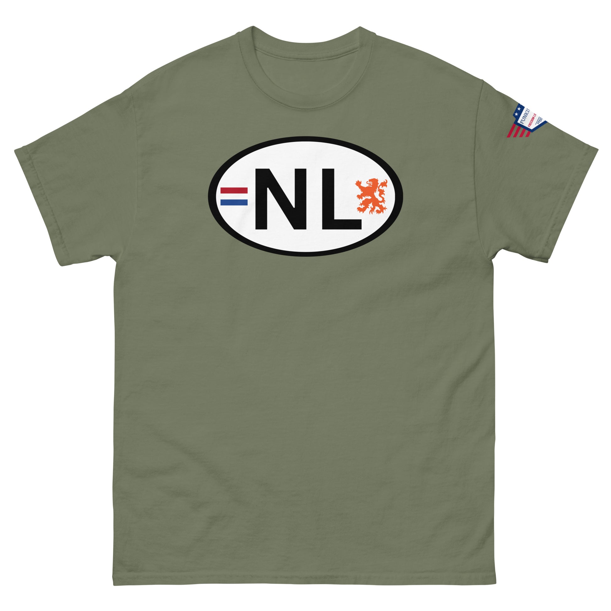Front view of olive green unisex classic tee with white oval NL license plate print, Dutch flag stripes, orange lion, USA flag sleeve patch