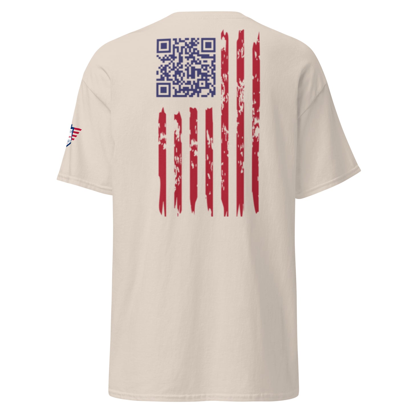 Back view of beige tee with blue QR code, distressed red-white-blue flag stripes, and wing emblem