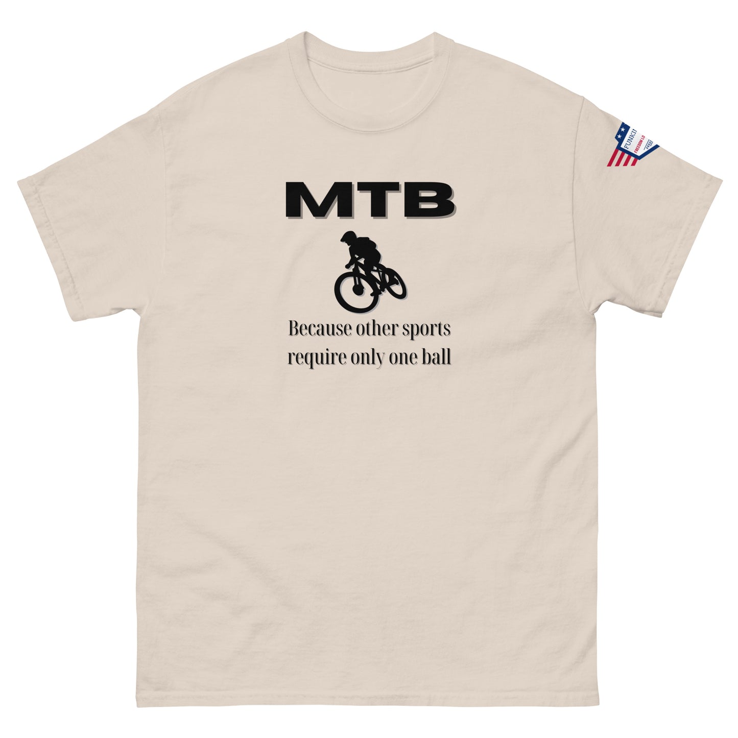 Beige unisex tee front showing black "MTB", bike graphic, "Because other sports require only one ball" burn