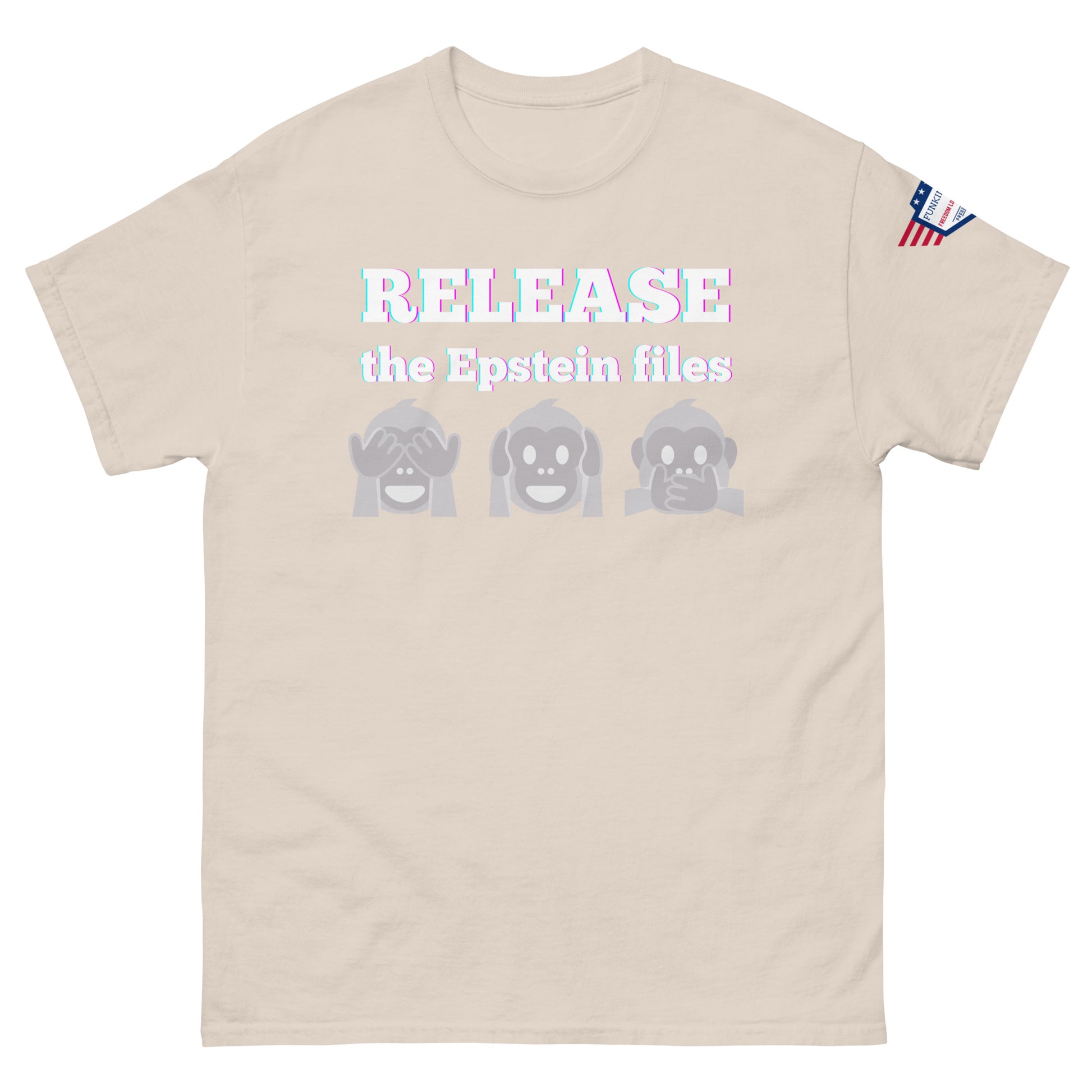 Front view of beige t-shirt with "RELEASEASE the Epstein files" gradient text and gray see-no-evil monkeys, US flag sleeve patch