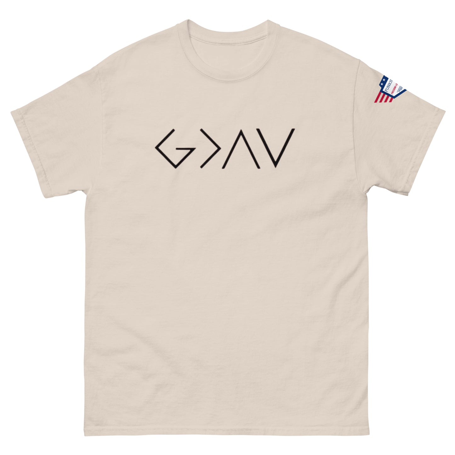 Front view of ash gray unisex tee with bold black "G > AV" print and small US flag sleeve patch