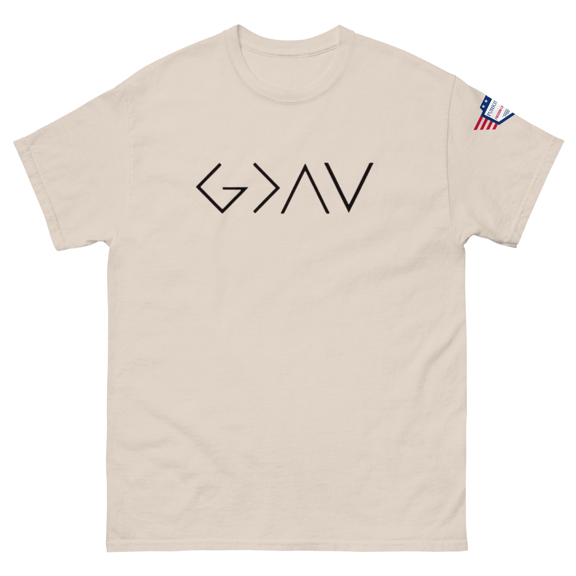 Front view of ash gray unisex tee with bold black "G > AV" print and small US flag sleeve patch