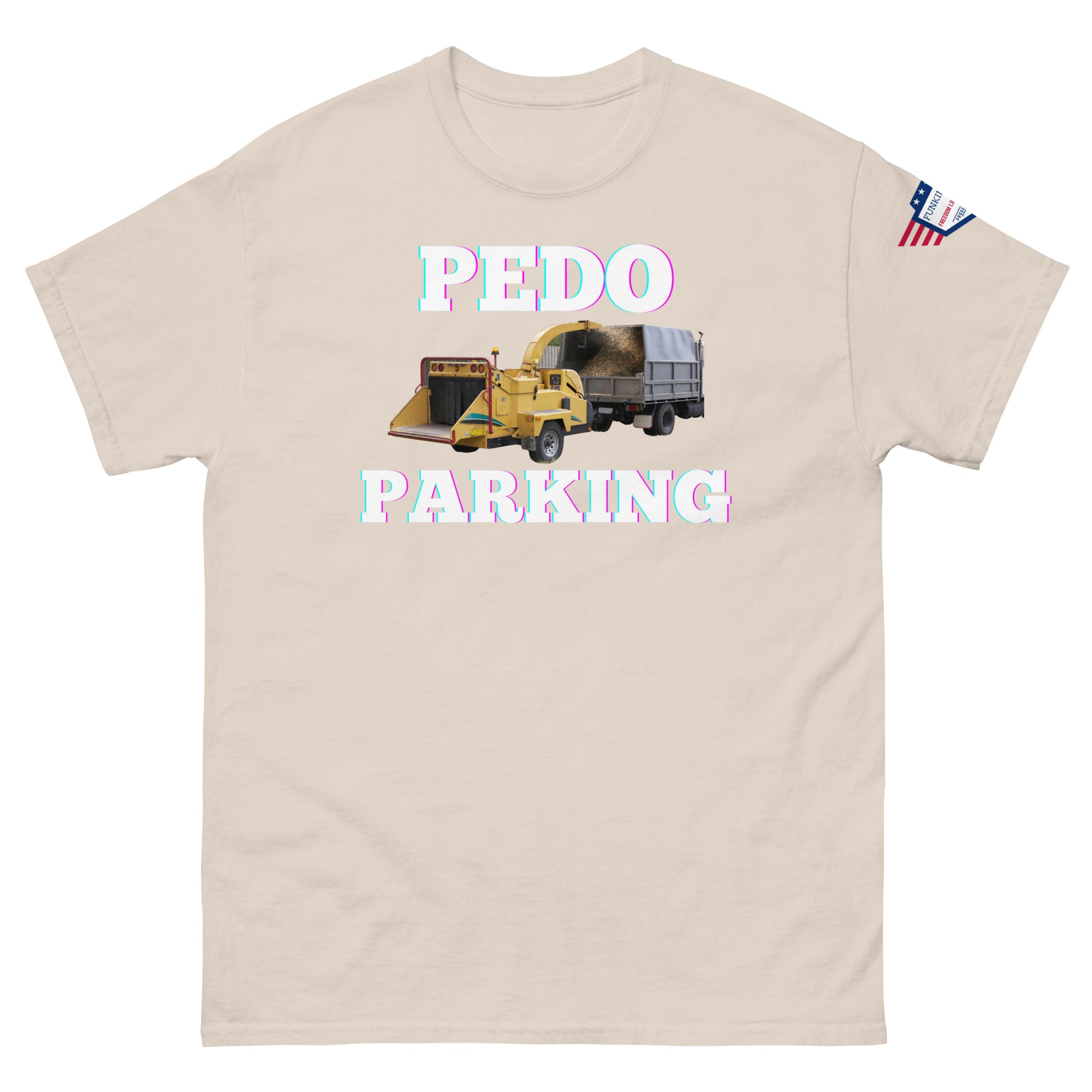 Front view of beige unisex tee rocking "PEDOO PARKING" text, yellow payloader into dump truck design, USA flag sleeve detail