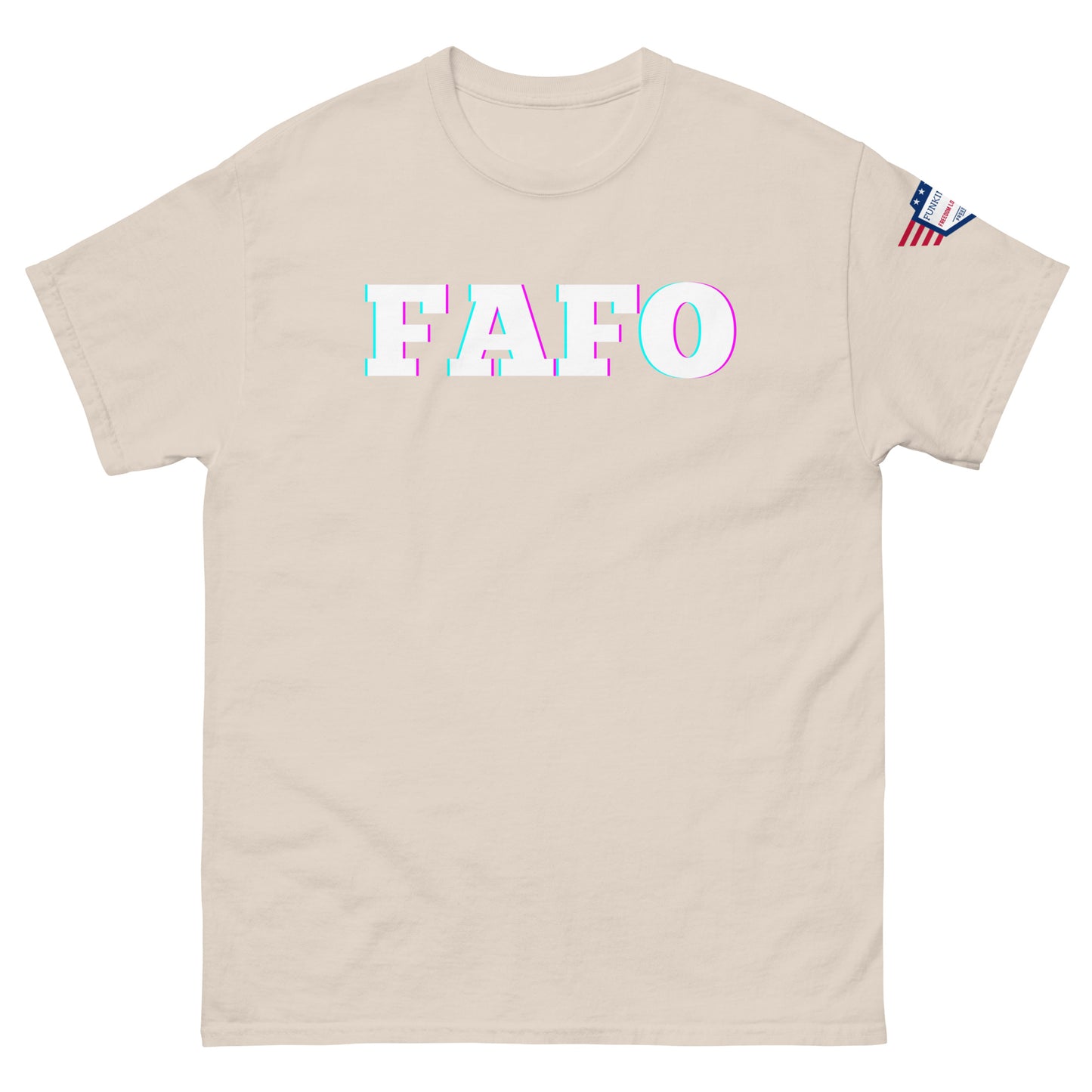 Front view of beige unisex tee with bold glitchy "FAFO" graphic and US flag sleeve patch