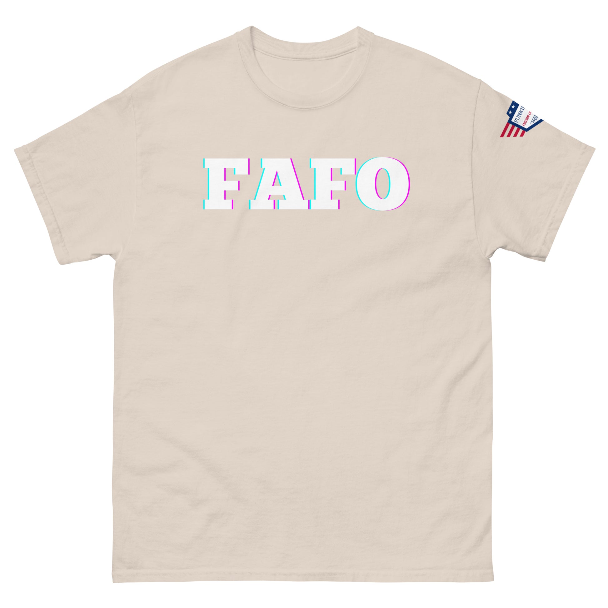 Front view of beige unisex tee with bold glitchy "FAFO" graphic and US flag sleeve patch