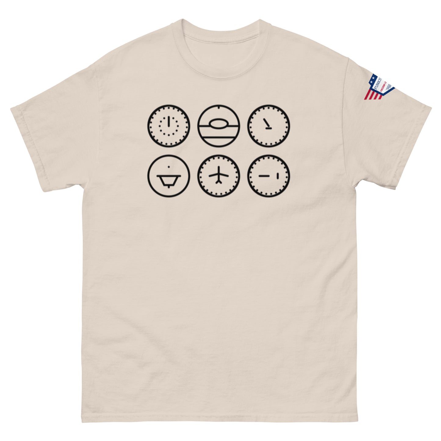 Front view of ash gray t-shirt with crisp black graphic of six fun clock faces and hands