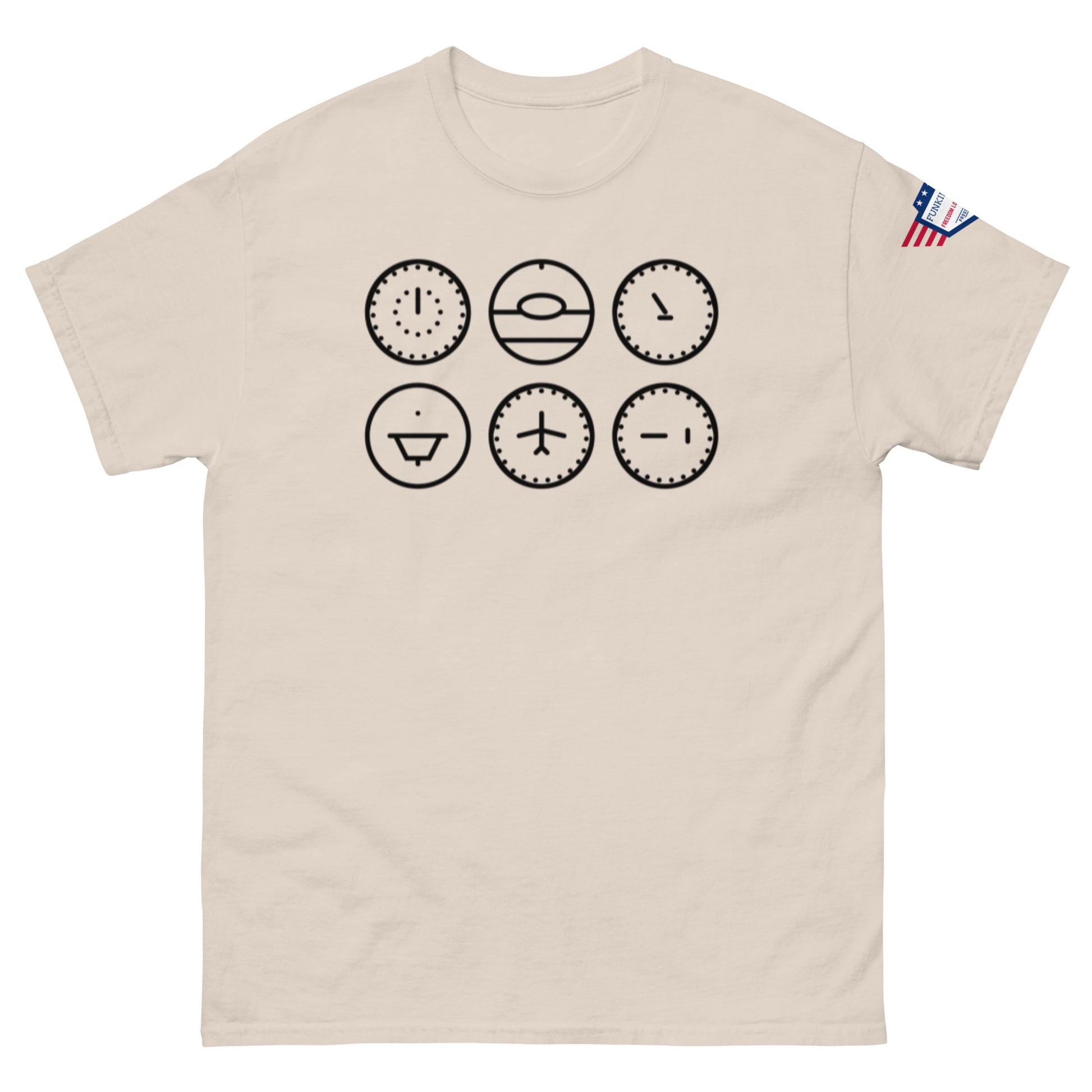 Front view of ash gray t-shirt with crisp black graphic of six fun clock faces and hands
