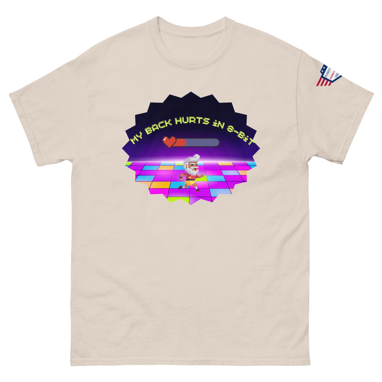 Front view of ash gray tee rocking "My back hurts so bad" chef disco meme in glowing starburst, tiny USA flag on left sleeve