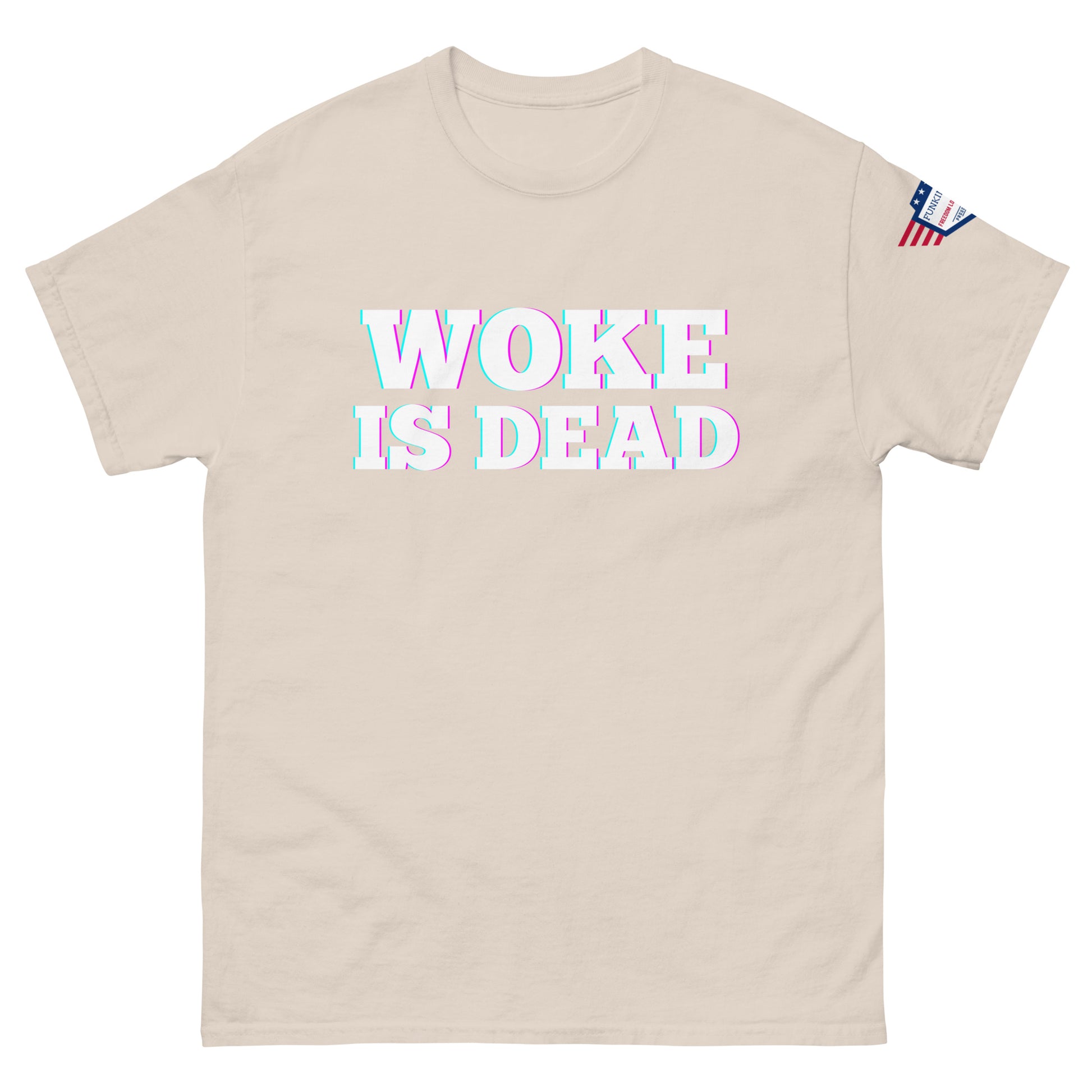 Front view of beige unisex tee featuring "WOKE IS DEAD" bold glitch text, flag sleeve patch