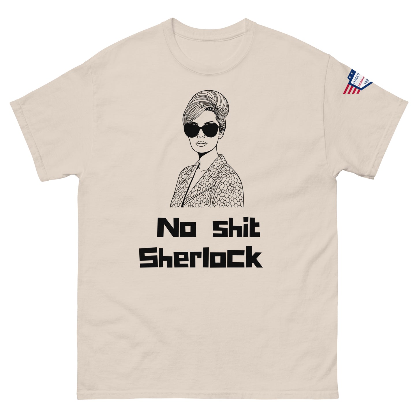 Front view of ash gray unisex t-shirt with stark black "No shit Sherlock" meme and beehive icon