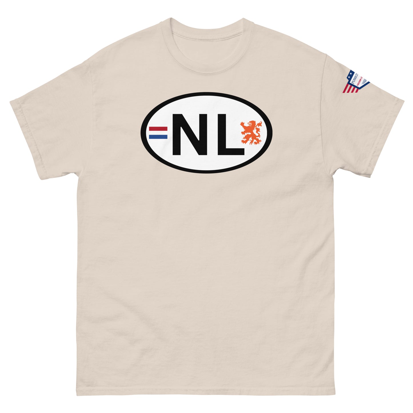 Front view of beige unisex classic tee with white oval NL license plate print, Dutch flag stripes, orange lion, USA flag sleeve patch