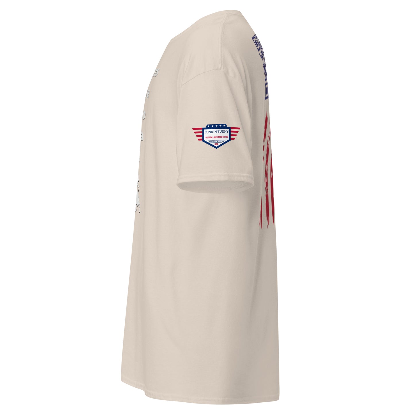 Right side view of beige tee with partial front design, sleeve flag patch, and red stripes