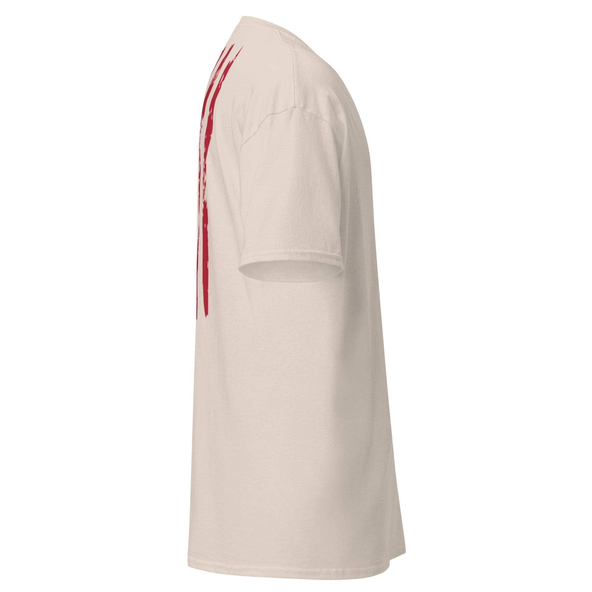 Left side view of beige tee showing vertical red flag stripes