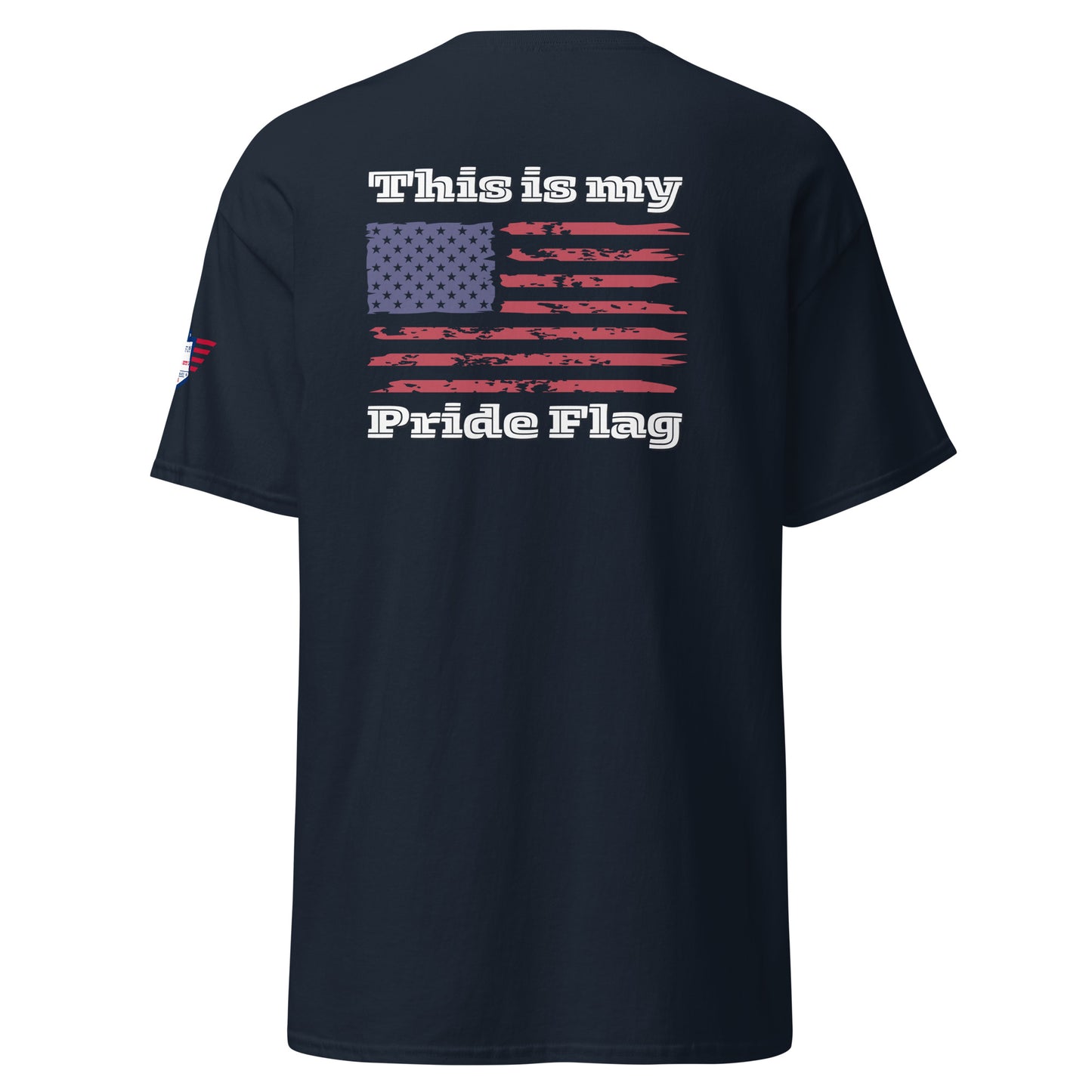 Back view of navy unisex t-shirt with bold distressed US flag and "This is my Pride Flag" text