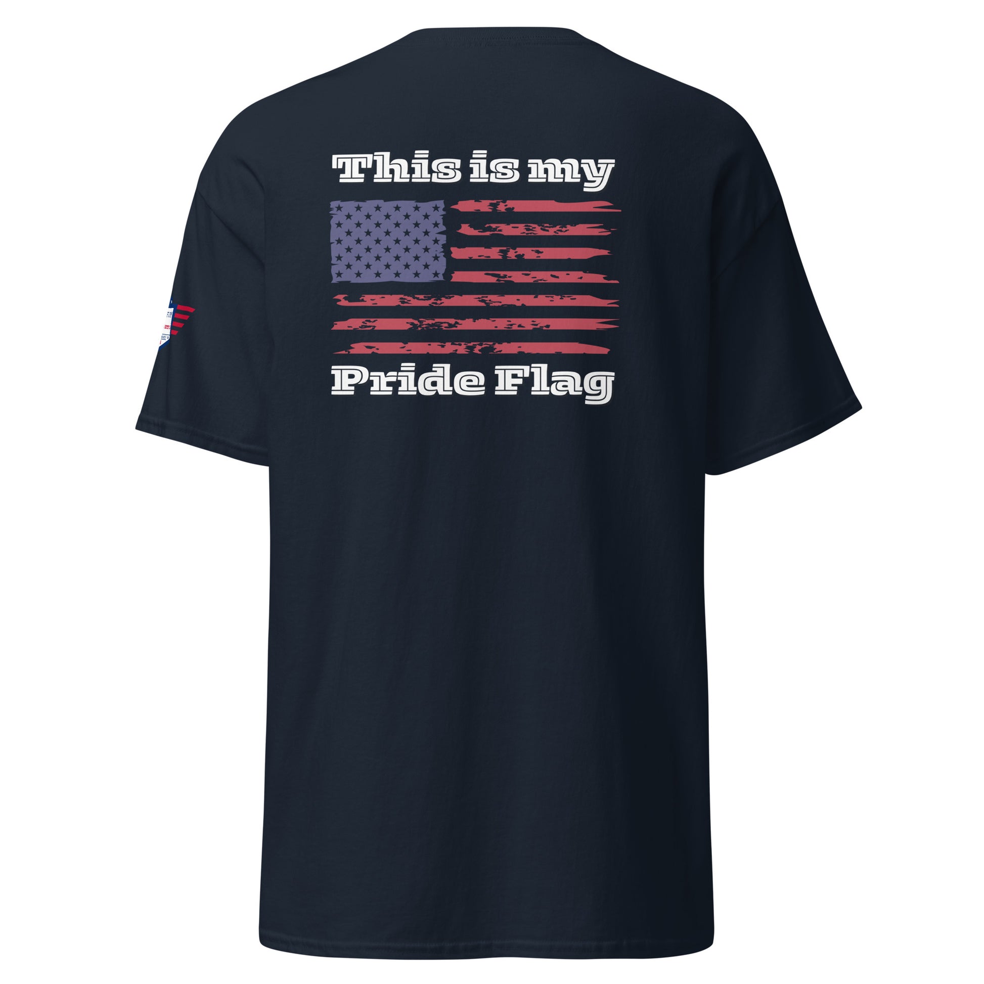 Back view of navy unisex t-shirt with bold distressed US flag and "This is my Pride Flag" text