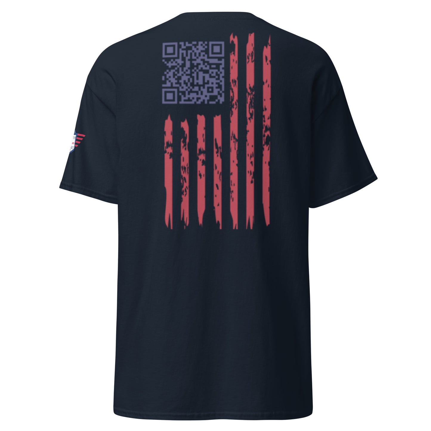 Back view of navy t-shirt with purple QR code and distressed red-white US flag