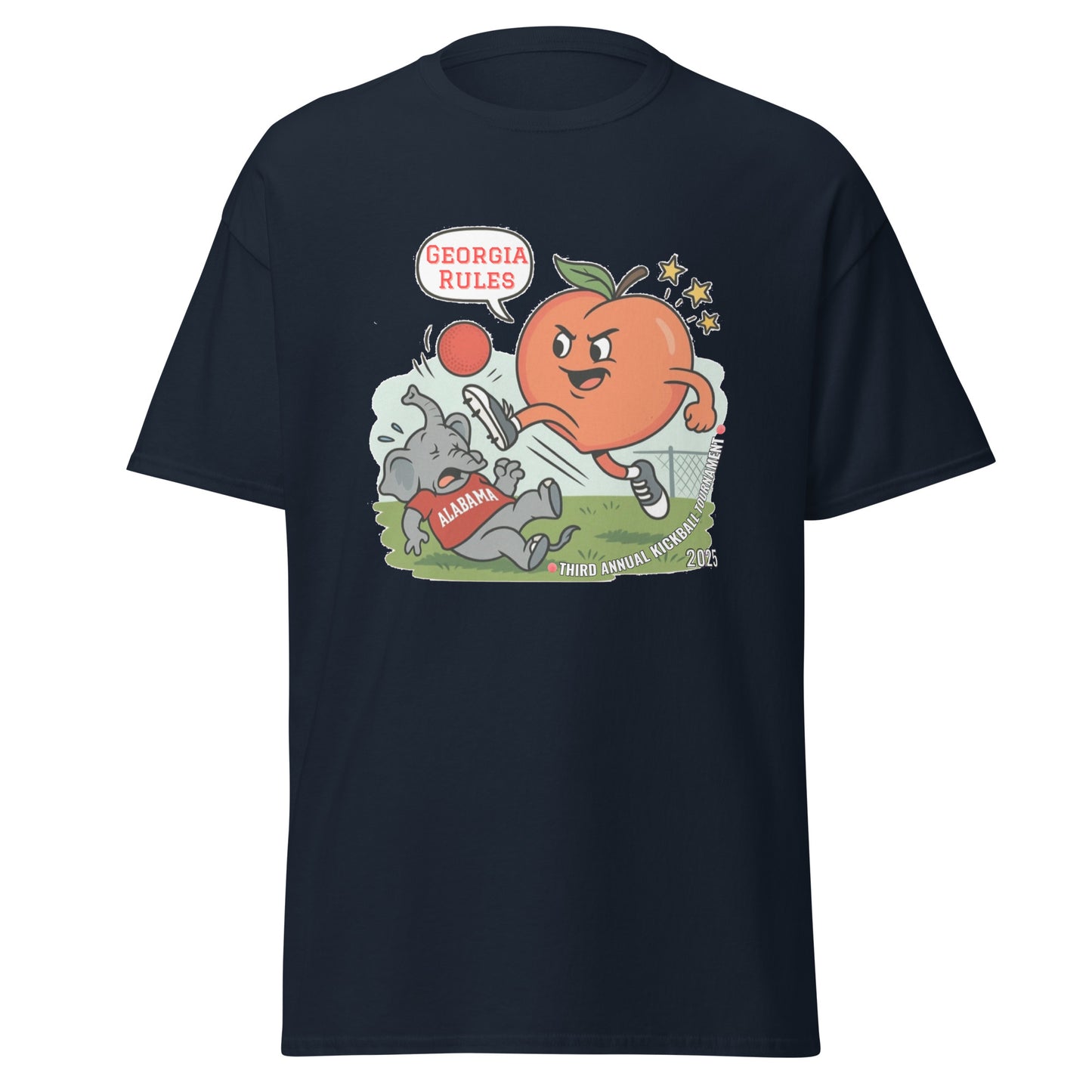 Front view of navy classic tee featuring cartoon Georgia peach vs Alabama elephant kickball scene, "Georgia Rules!" and "Third Annual"