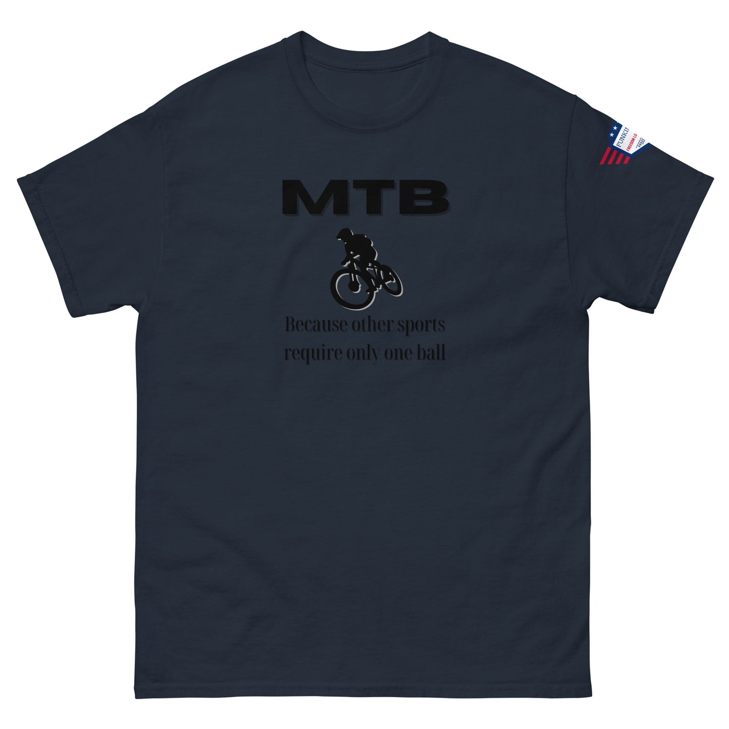 Navy blue t-shirt front with black "MTB" bold print, cyclist silhouette, "other sports require only one ball" meme