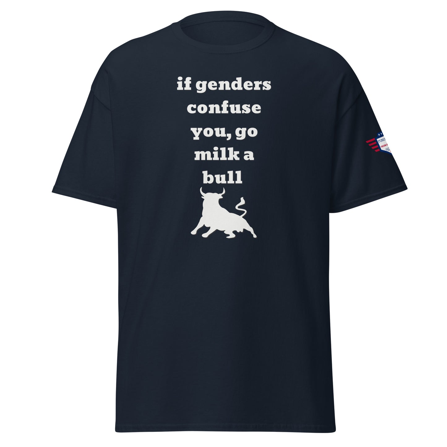 Front view of navy unisex tee with white "if confuses you, go milka bull" text and jumping bull silhouette
