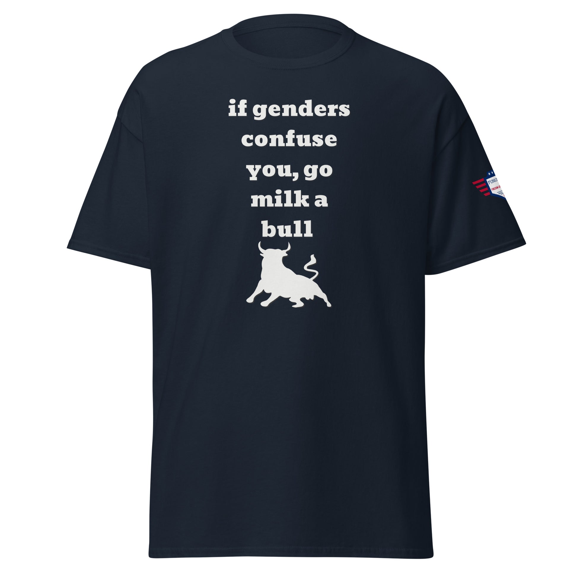 Front view of navy unisex tee with white "if confuses you, go milka bull" text and jumping bull silhouette