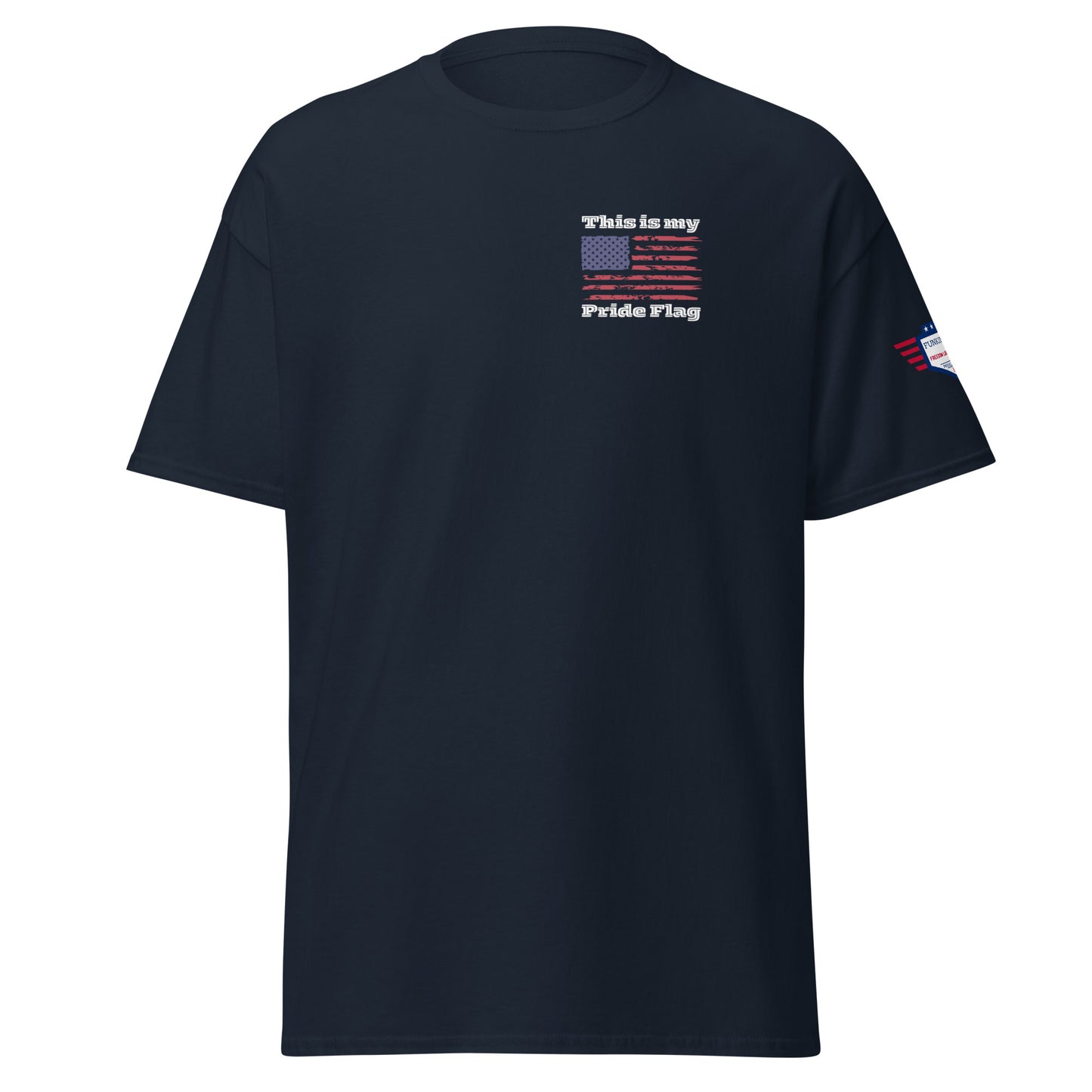 Front view of navy t-shirt with "This is my Pride Flag" text and small US flag graphic on chest
