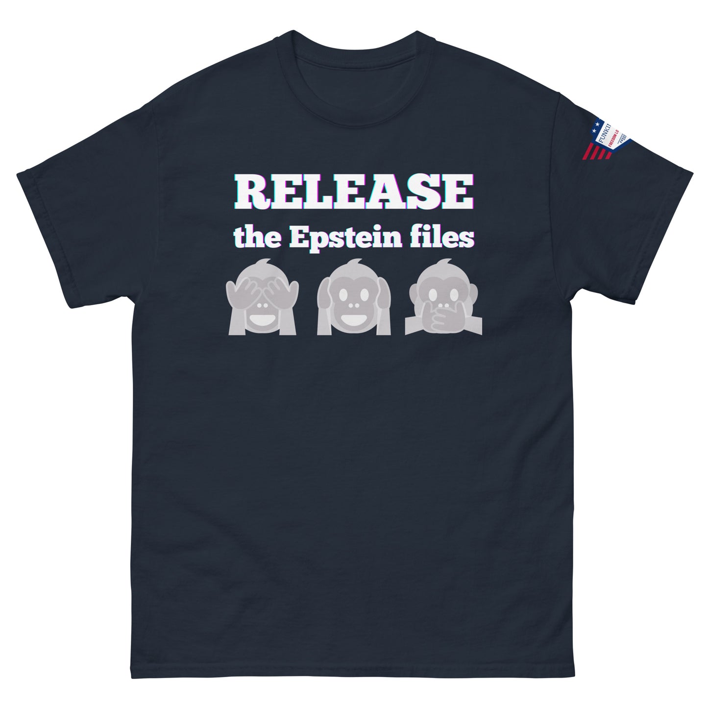 Front view of black t-shirt with "RELEASEASE the Epstein files" gradient text and gray see-no-evil monkeys, US flag sleeve patch