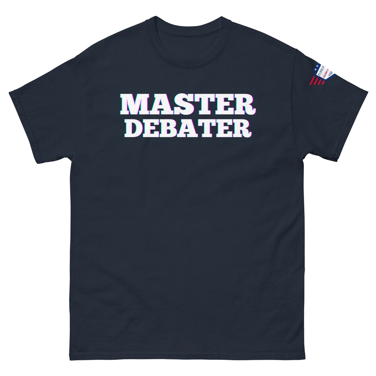 Front view of navy blue unisex tee with "MASTER DEBATER" print and US flag sleeve detail