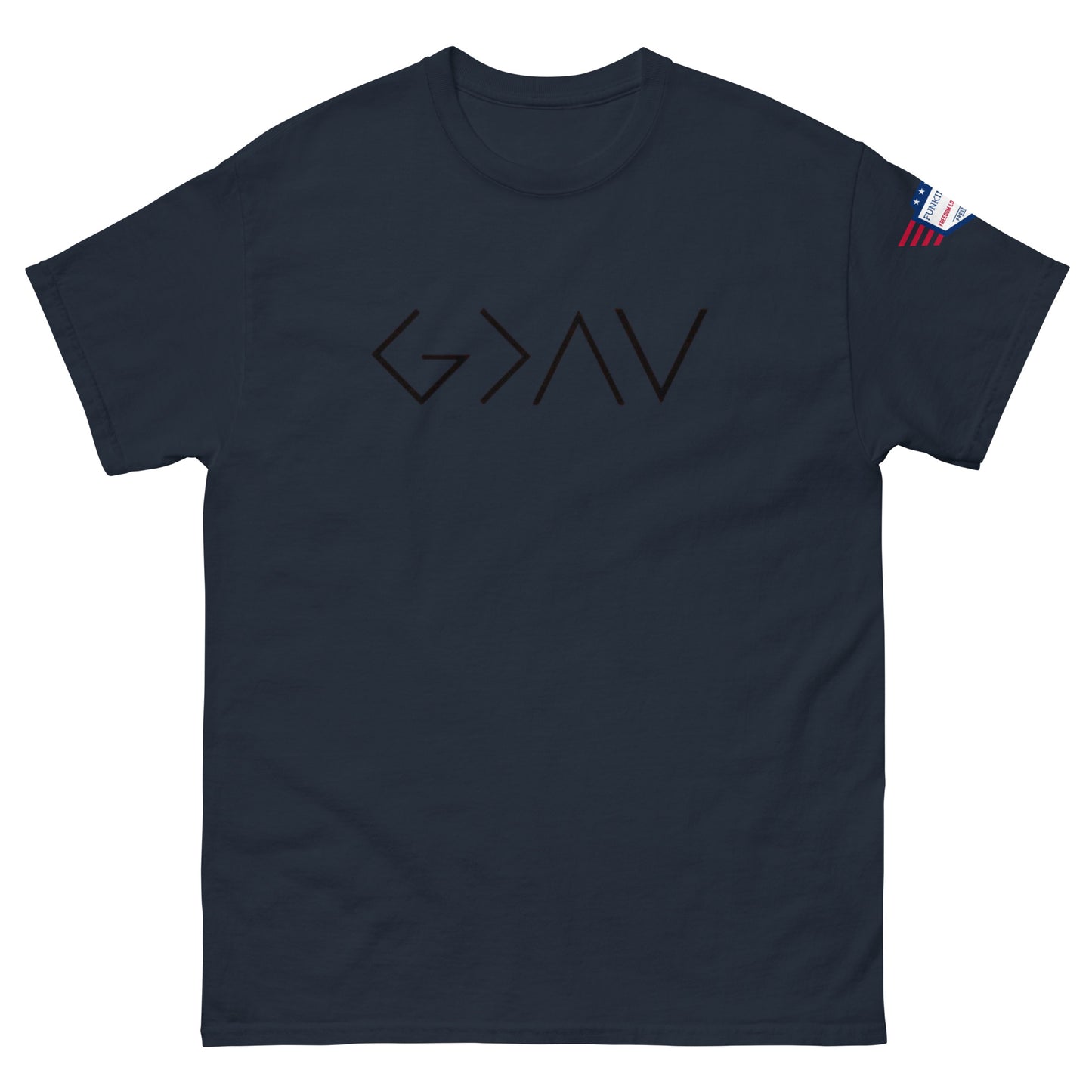 Front view of navy blue unisex tee with bold black "G > AV" print and small US flag sleeve patch
