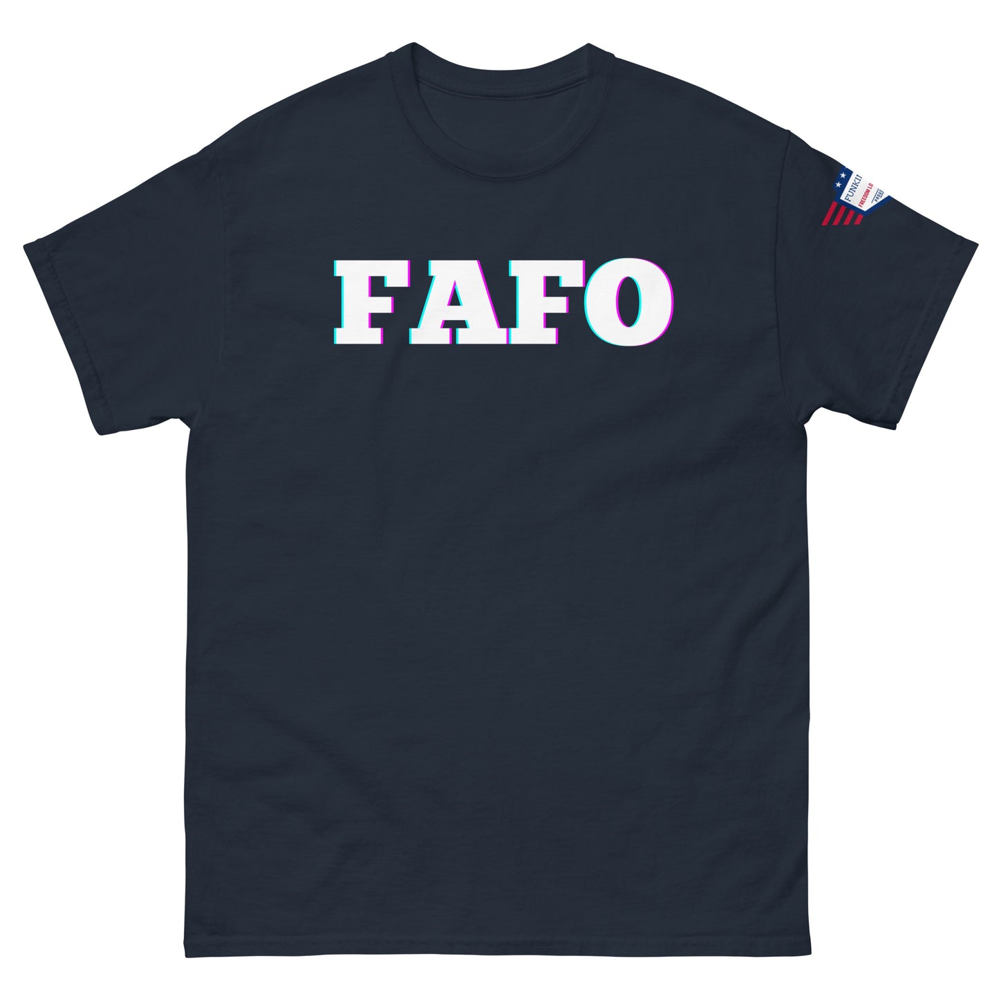 Front view of black t-shirt with glowing white "FAFO" glitch print and US flag sleeve detail