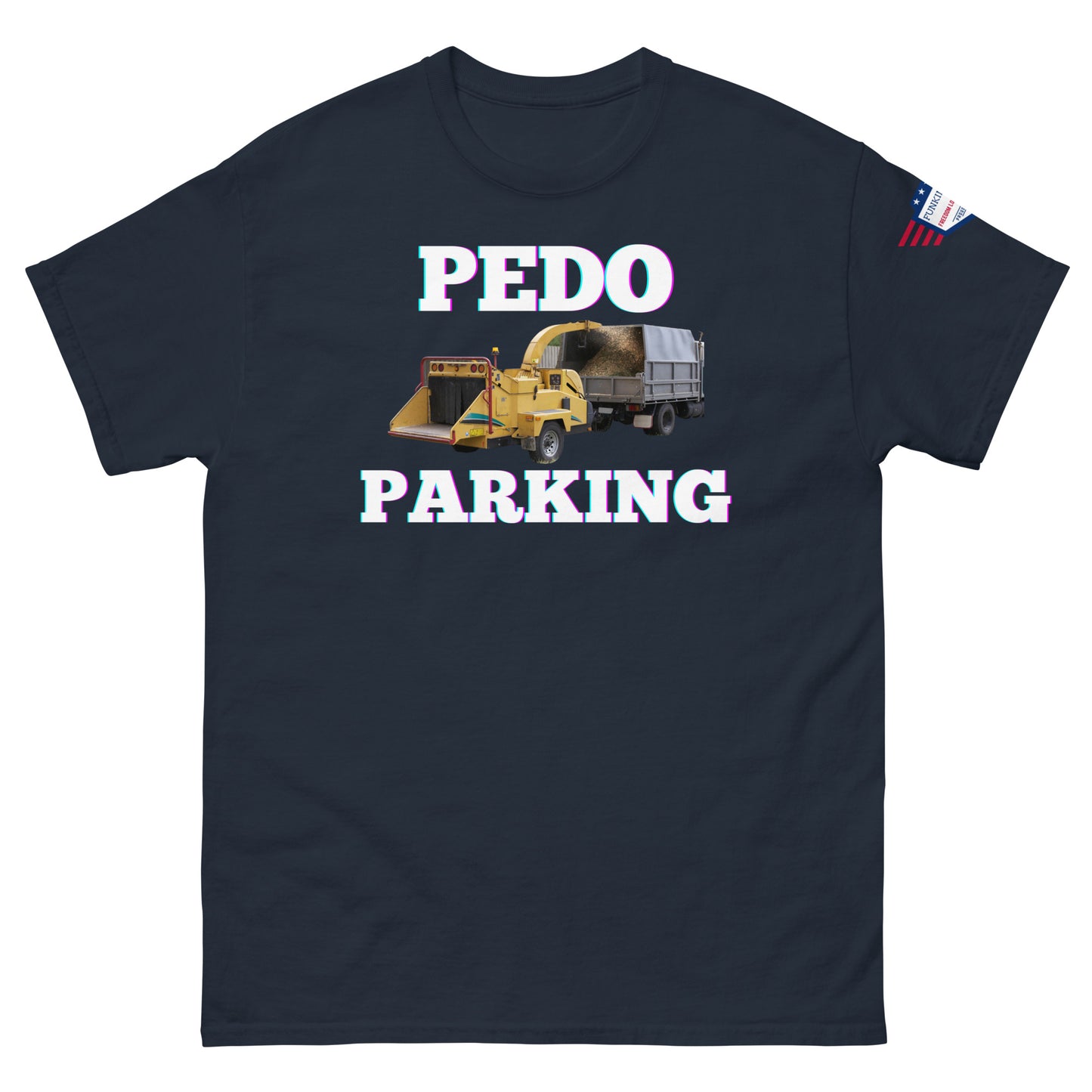 Front view of navy blue unisex tee with vibrant "PEDOO PARKING" print, yellow loader truck graphic, small USA flag patch