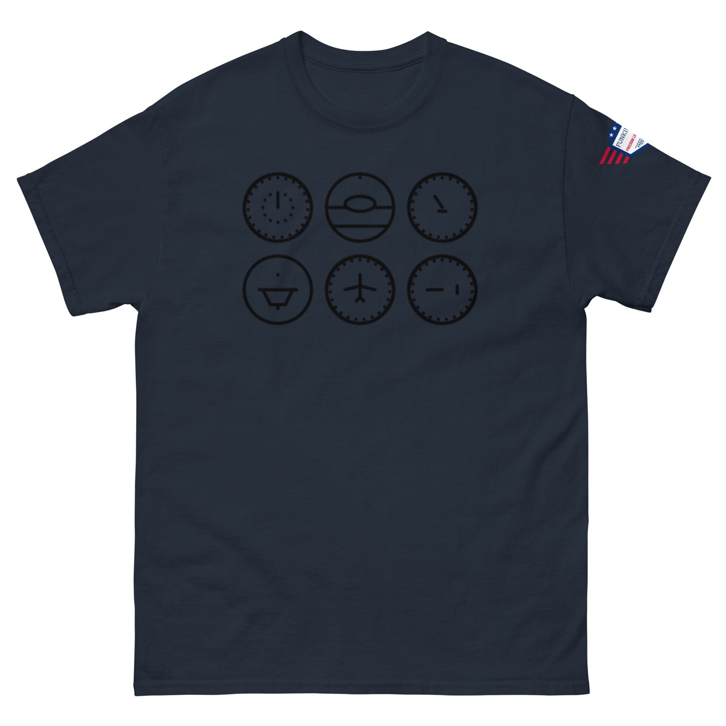 Front view of navy blue unisex tee boasting black line clocks — happy, plane, and time-twisted
