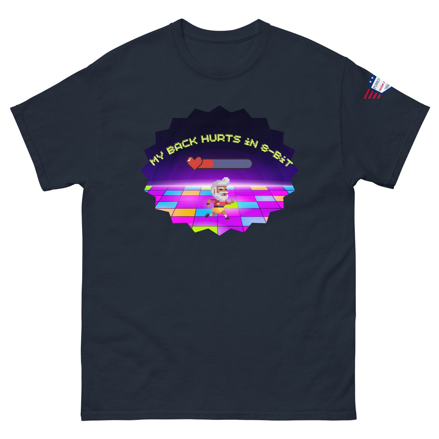 Front view of navy blue tee with "My back hurts so bad" progress bar over dancing chef on 80s floor tiles, neon starburst and flag patch