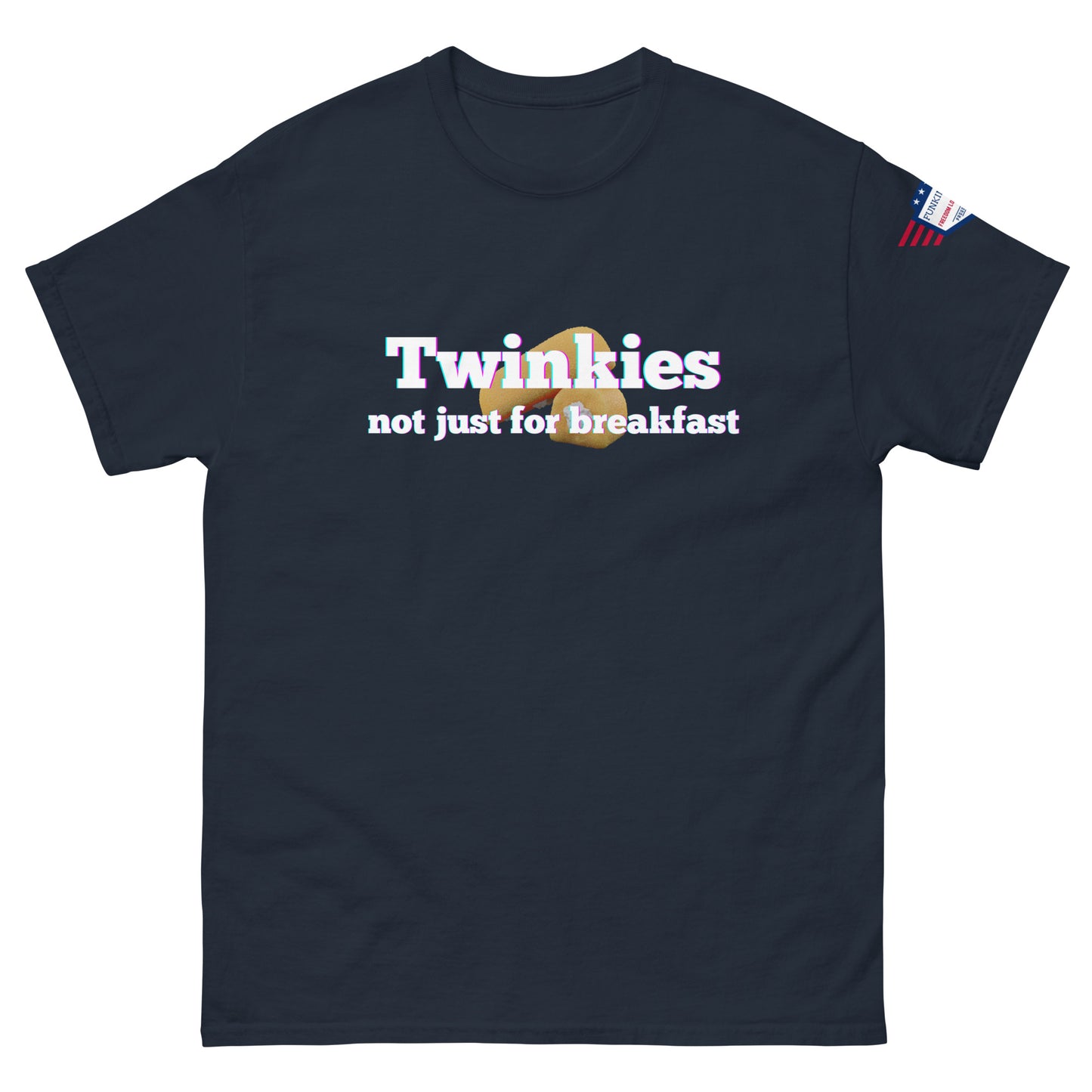 Front view of navy blue t-shirt with "Twinkies not just for breakfast" text, Twinkie icon, USA flag sleeve patch