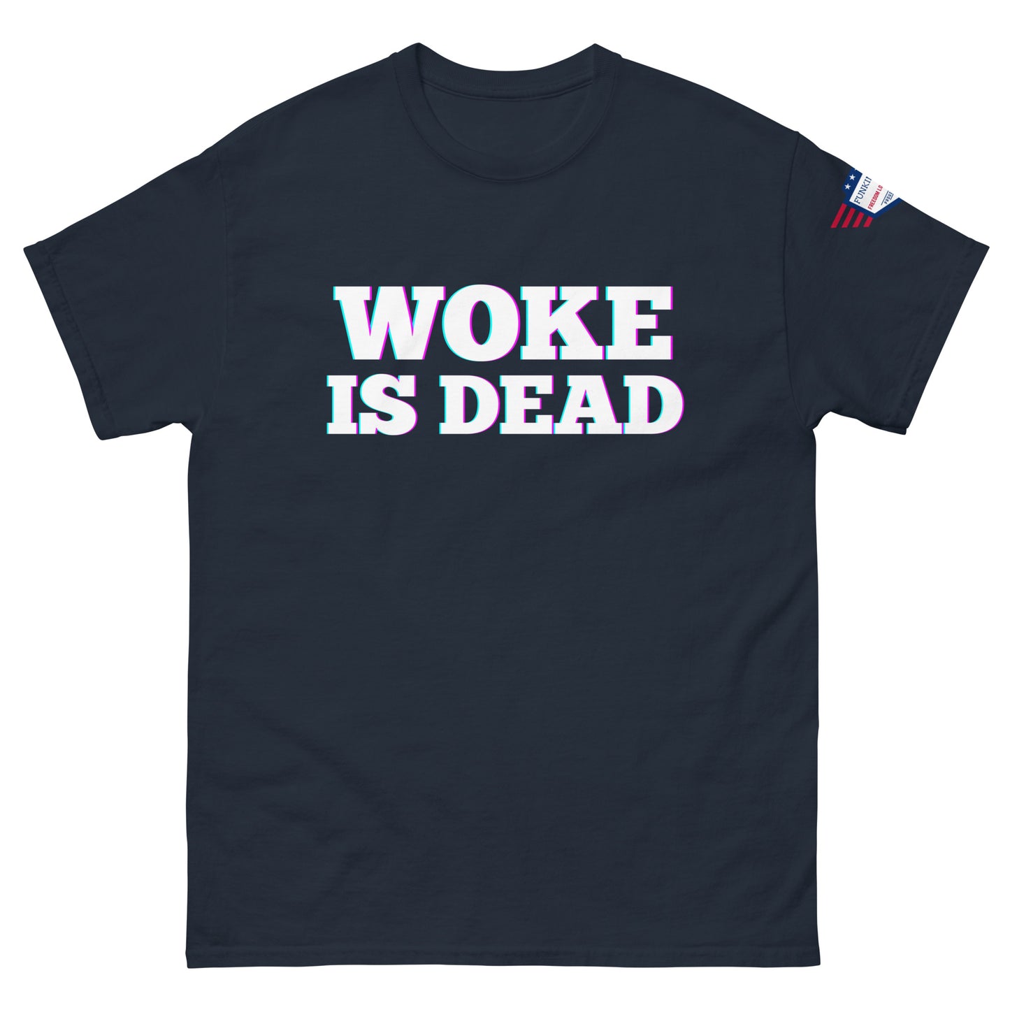 Front view of navy blue tee with glitchy "WOKE IS DEAD" slogan and American flag patch