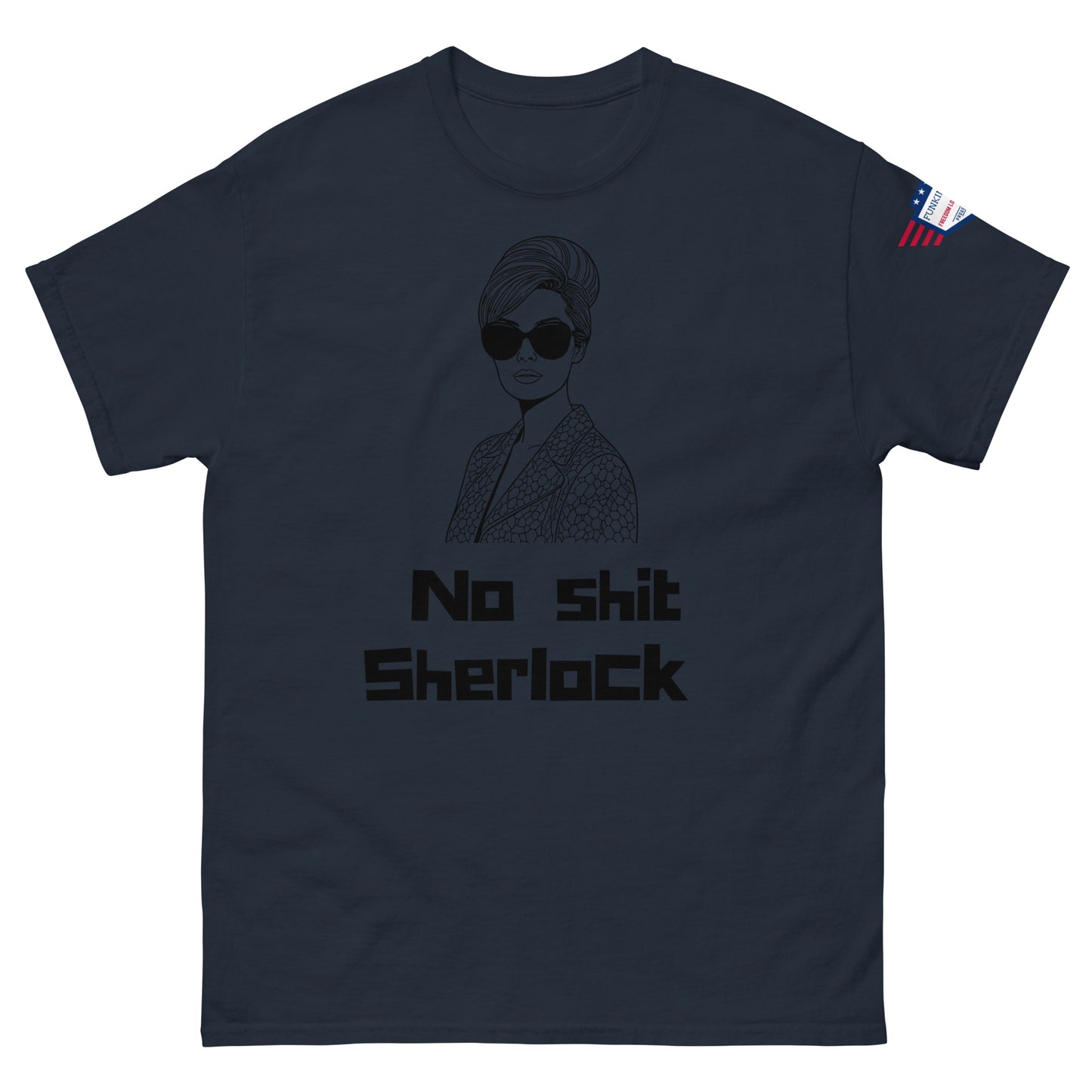 Front view of navy blue unisex t-shirt with black "No shit Sherlock" print and glamorous line drawing